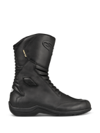 Alpinestars Web GORE-TEX Boots, Black Leather Motorcycle Touring Boots, side profile view, waterproof GORE-TEX lining, reinforced ankle and toe protection, front and back accordion flex panels, durable rubber sole, sleek all-weather road gear