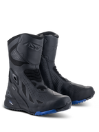 Alpinestars RT-8 GORE-TEX Boots, Motorcycle Touring Boots, Black Blue, featuring a technical microfiber and synthetic textile upper, blue lugged sole for traction, waterproof GORE-TEX construction, and protective shin and heel areas.