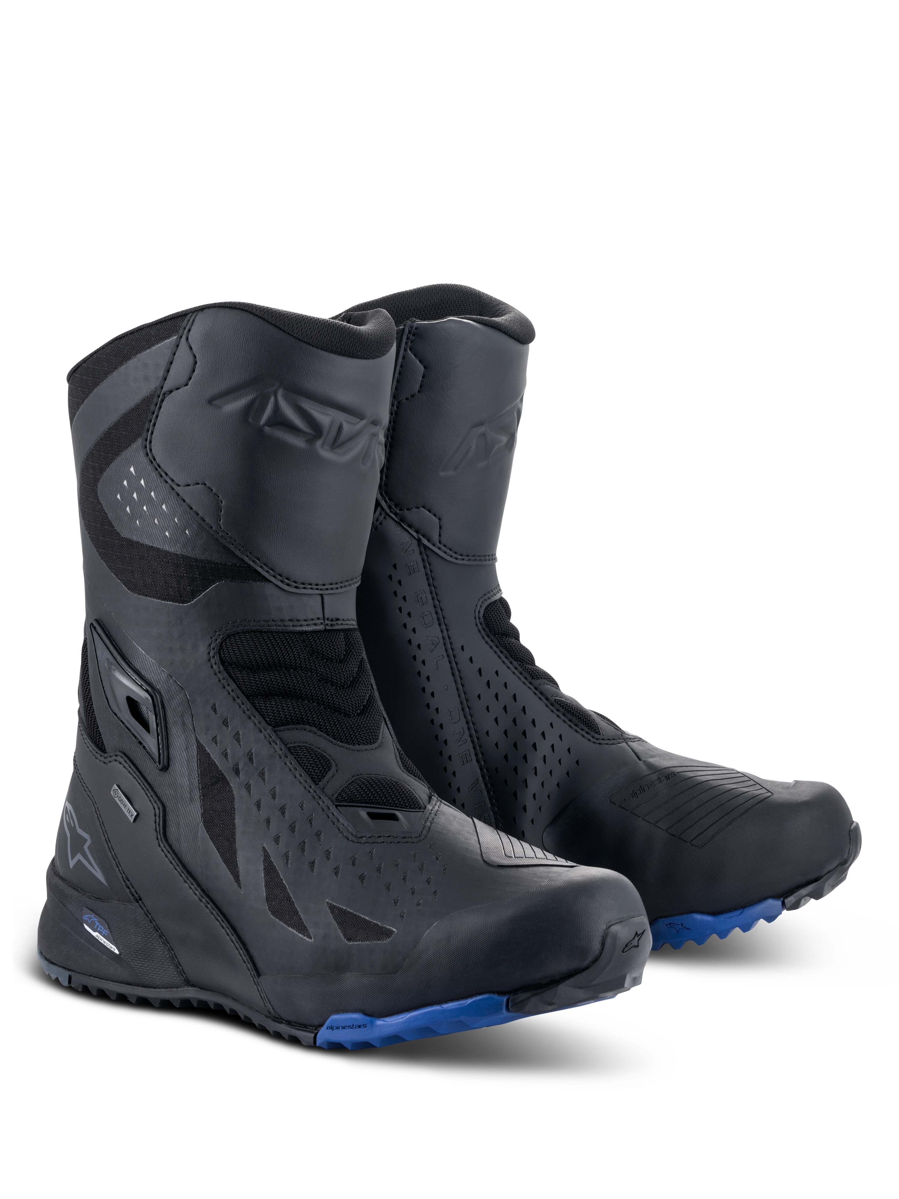 Alpinestars RT-8 GORE-TEX Boots, Motorcycle Touring Boots, Black Blue, featuring a technical microfiber and synthetic textile upper, blue lugged sole for traction, waterproof GORE-TEX construction, and protective shin and heel areas.