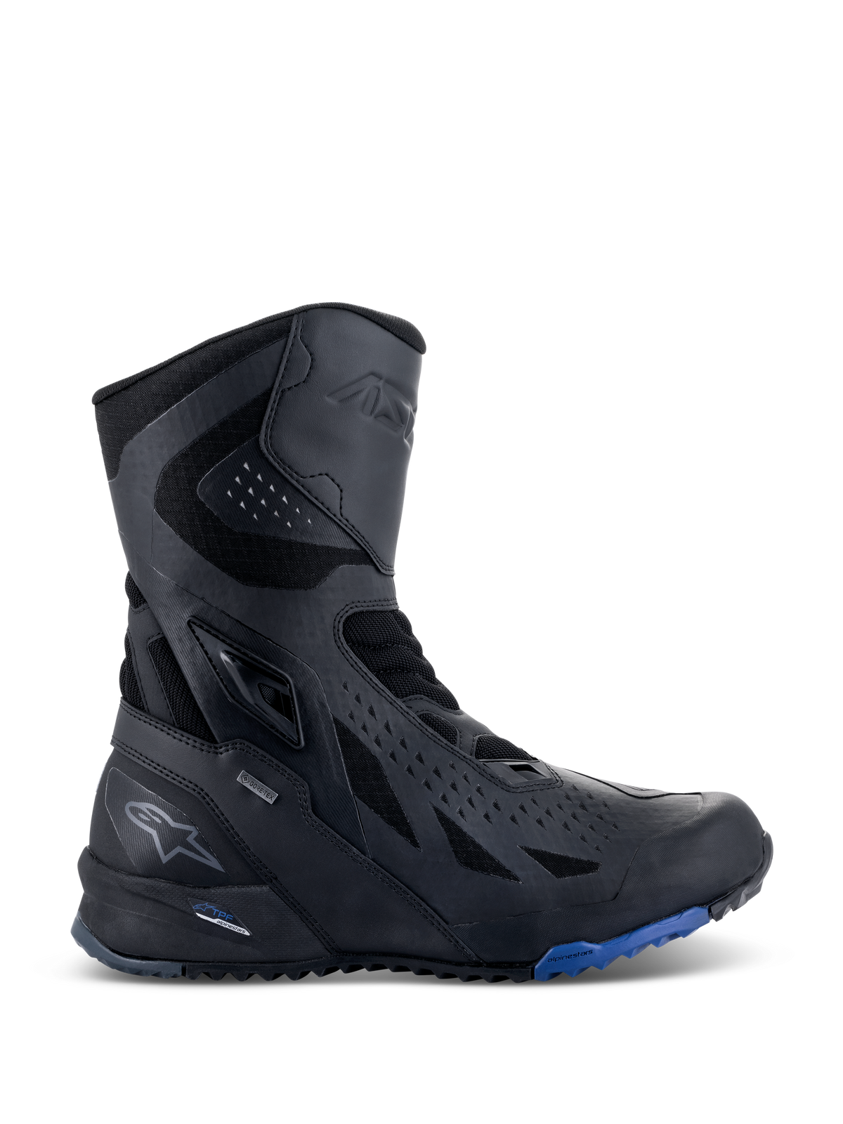 Botas Alpinestars RT-8 GORE-TEX, botas de moto para touring, negras con detalles azules en la suela, presentan un diseño técnico de caña alta con parte superior de microfibra y tejido, perforaciones triangulares, logotipo GORE-TEX y suela robusta.