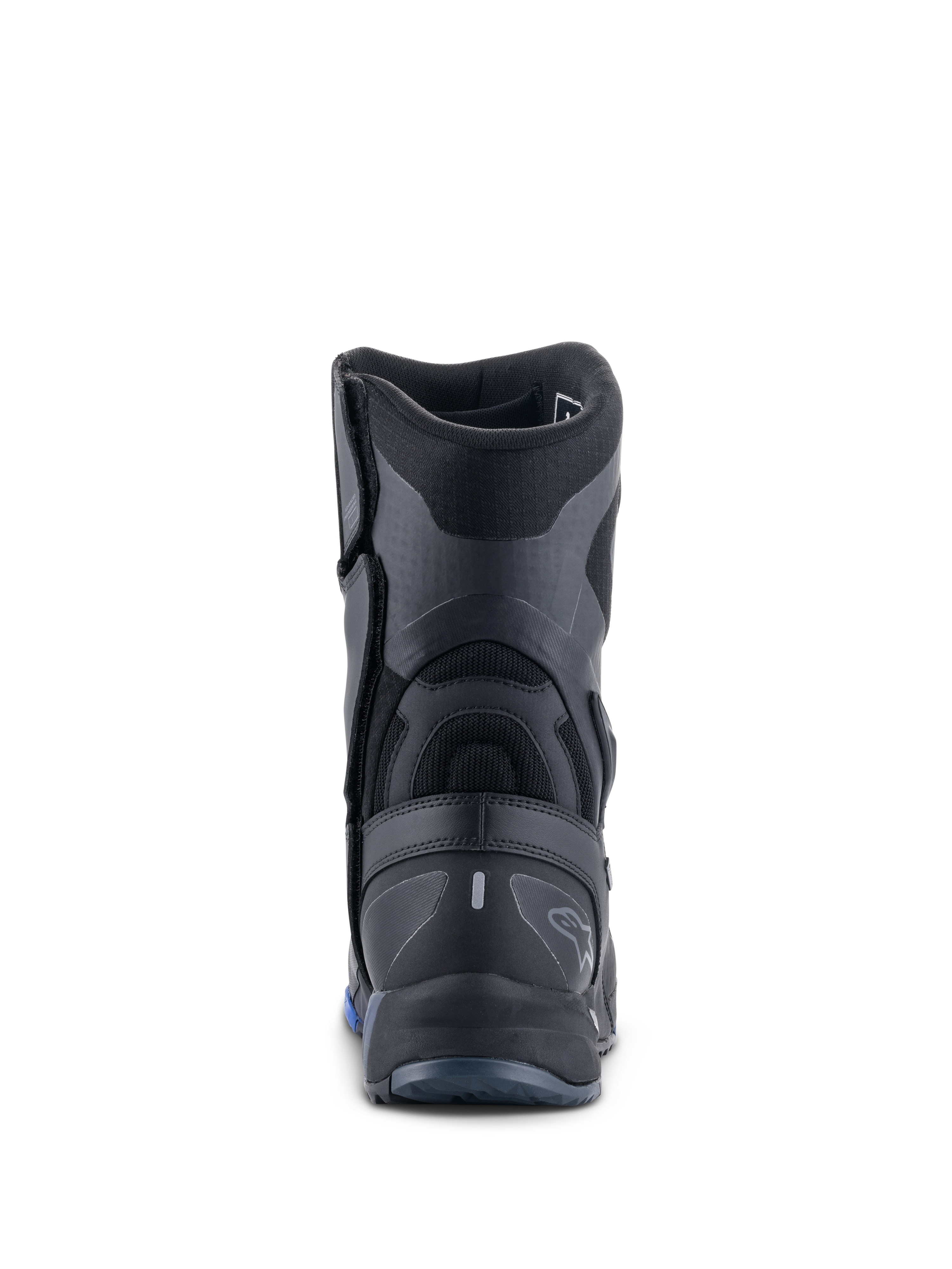 Alpinestars RT-8 GORE-TEX Boots, Motorcycle Touring Boots, Black and Blue, rear view highlighting the reinforced heel counter, textured synthetic panels, and subtle Alpinestars branding.