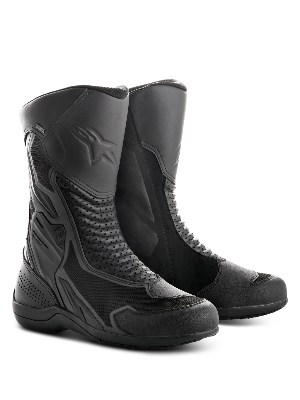 Botas Alpinestars Air Plus V2 GORE-TEX, botas de moto touring, color negro, con una combinación de malla ventilada y construcción en cuero, paneles de acordeón perforados para flexibilidad, logo de estrella en relieve en la espinilla y suela de goma duradera diseñada para todo tipo de clima
