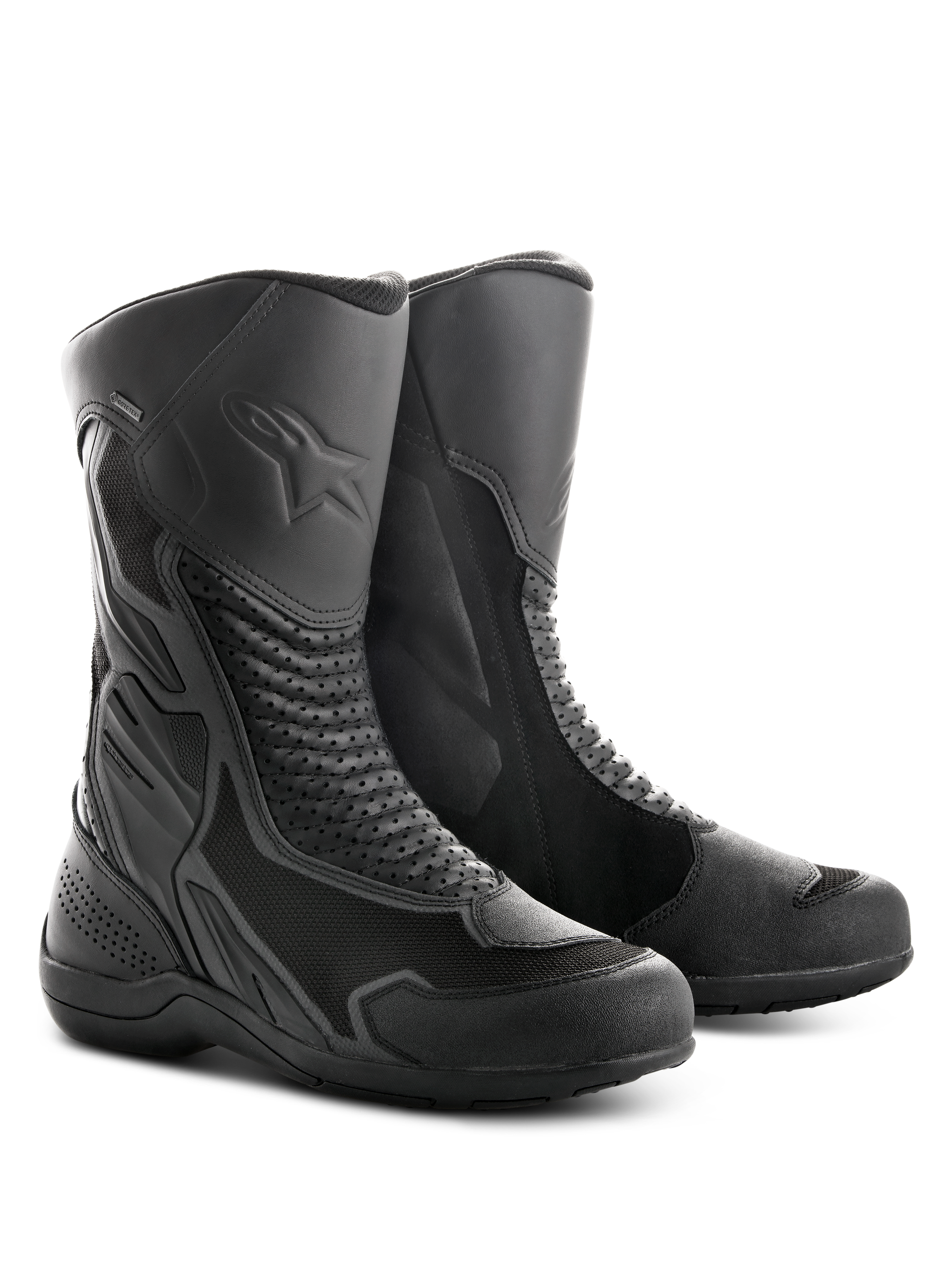 Botas Alpinestars Air Plus V2 GORE-TEX, botas de moto touring, color negro, con una combinación de malla ventilada y construcción en cuero, paneles de acordeón perforados para flexibilidad, logo de estrella en relieve en la espinilla y suela de goma duradera diseñada para todo tipo de clima