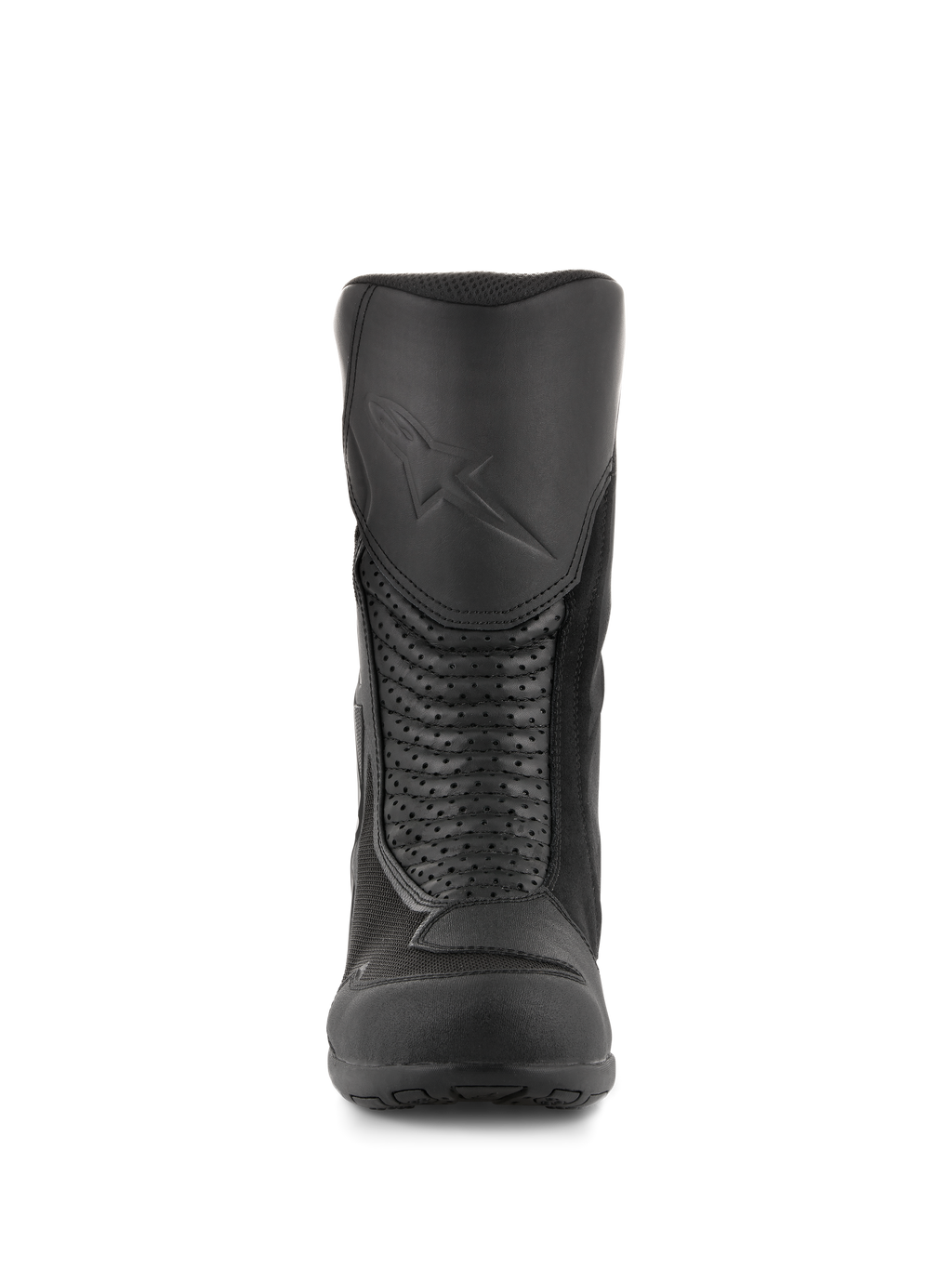 Botas Alpinestars Air Plus V2 GORE-TEX, botas de touring para moto, color negro, vista frontal que muestra el protector de espinilla moldeado con logotipo en relieve, paneles de acordeón de piel perforada para flexibilidad e inserciones de malla transpirable