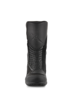 Botas Alpinestars Air Plus V2 GORE-TEX, botas de touring para moto, color negro, vista frontal que muestra el protector de espinilla moldeado con logotipo en relieve, paneles de acordeón de piel perforada para flexibilidad e inserciones de malla transpirable