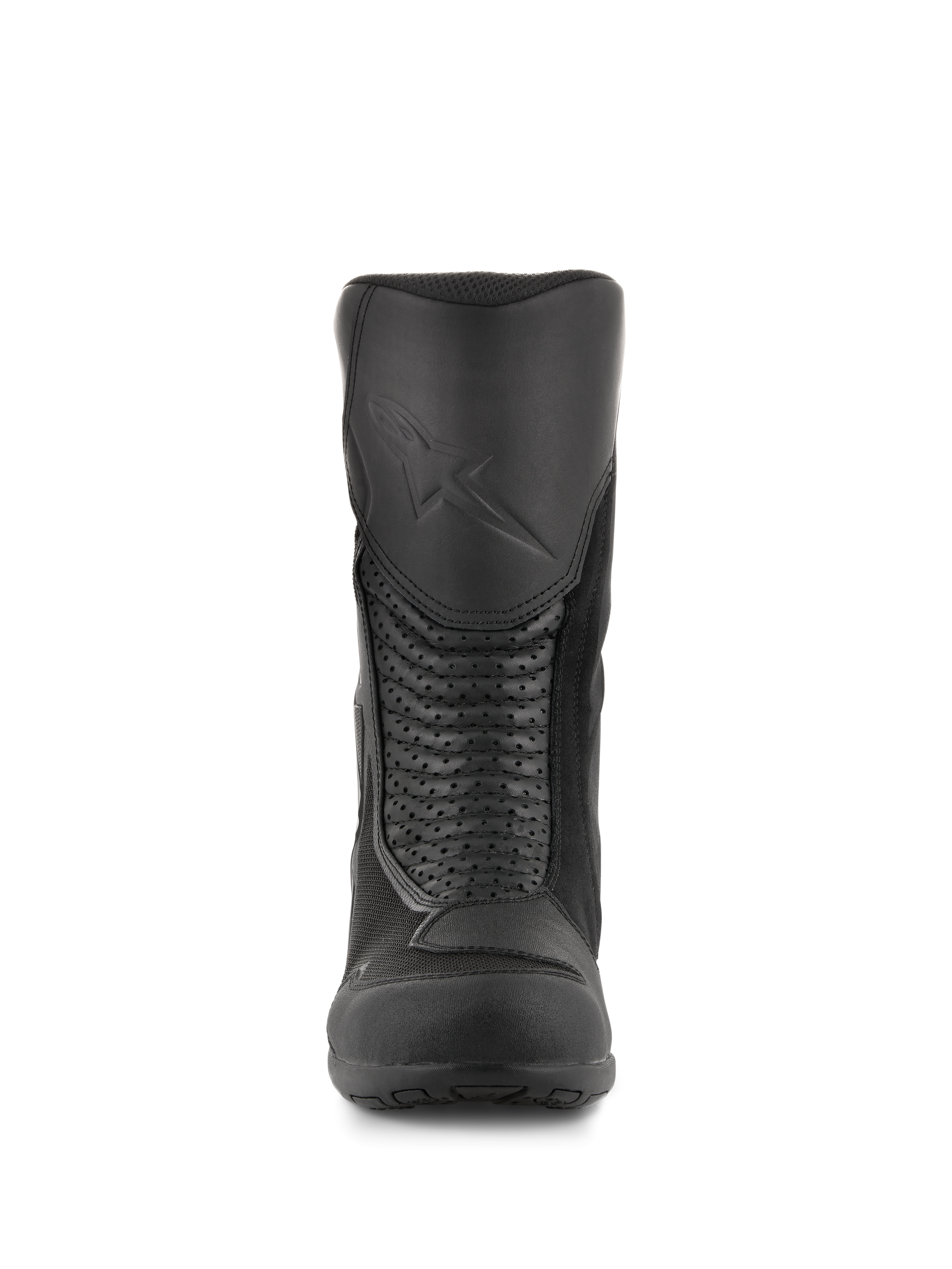 Botas Alpinestars Air Plus V2 GORE-TEX, botas de touring para moto, color negro, vista frontal que muestra el protector de espinilla moldeado con logotipo en relieve, paneles de acordeón de piel perforada para flexibilidad e inserciones de malla transpirable