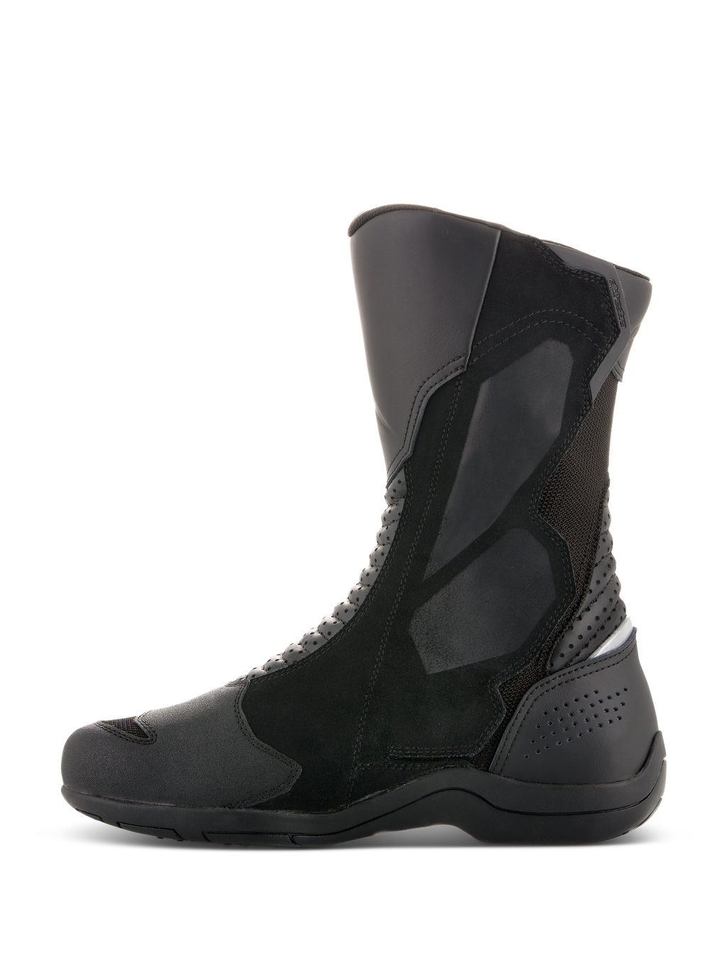 Botas Alpinestars Air Plus V2 GORE-TEX, botas de touring para moto, negras, vista de perfil lateral, confección multimaterial con paneles de malla ventilada y cuero, diseño de caña alta con protección reforzada en espinilla y talón para conducción en todo clima