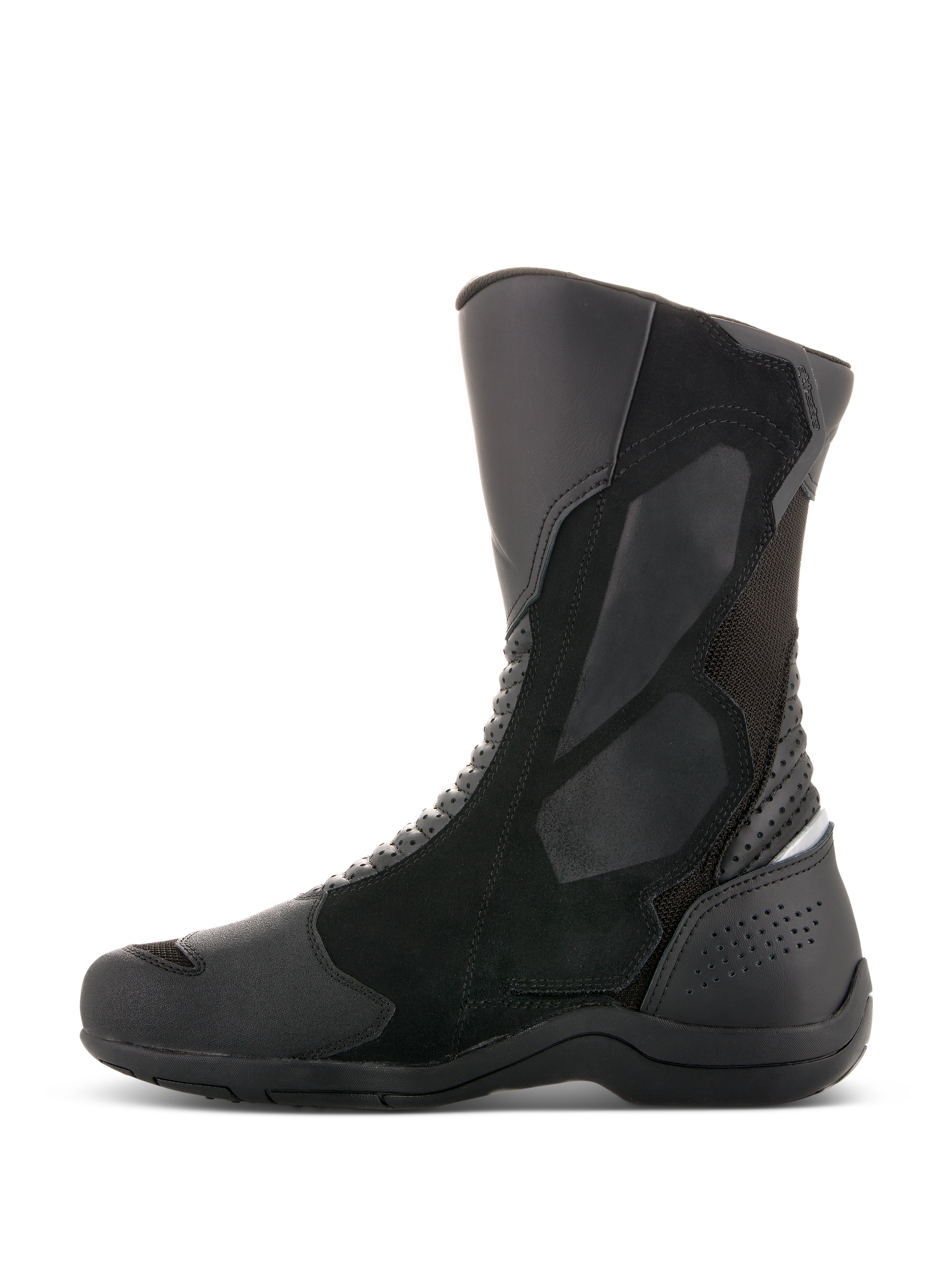 Botas Alpinestars Air Plus V2 GORE-TEX, botas de touring para moto, negras, vista de perfil lateral, confección multimaterial con paneles de malla ventilada y cuero, diseño de caña alta con protección reforzada en espinilla y talón para conducción en todo clima