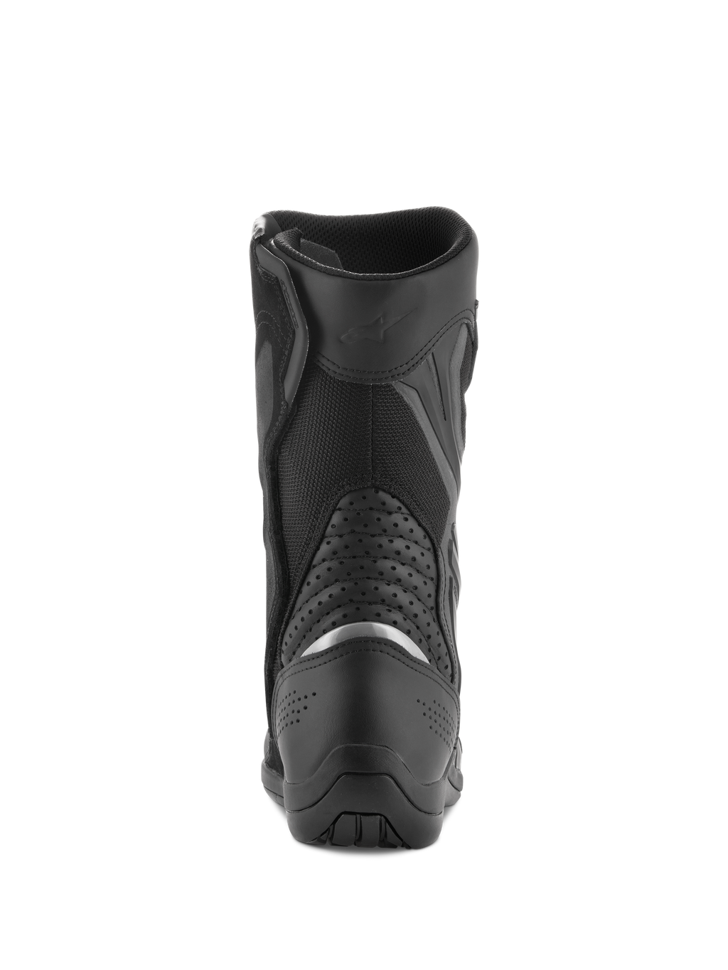 Botas Alpinestars Air Plus V2 GORE-TEX, botas de touring para moto, negras, vista trasera que muestra el área del talón y la pantorrilla, con una inserción reflectante plateada, paneles de acordeón en piel perforada y construcción de malla transpirable