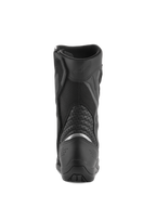 Botas Alpinestars Air Plus V2 GORE-TEX, botas de touring para moto, negras, vista trasera que muestra el área del talón y la pantorrilla, con una inserción reflectante plateada, paneles de acordeón en piel perforada y construcción de malla transpirable