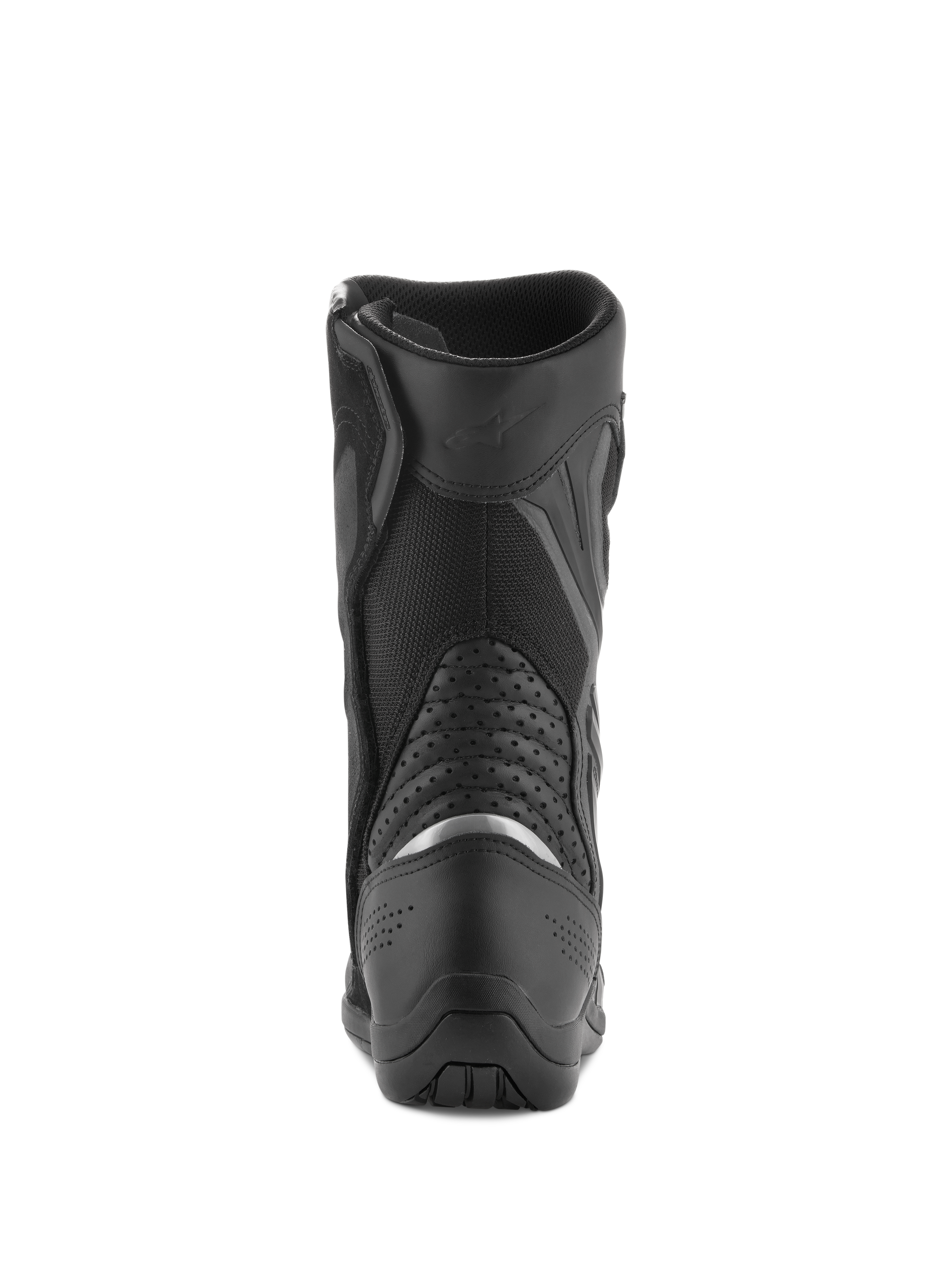 Botas Alpinestars Air Plus V2 GORE-TEX, botas de touring para moto, negras, vista trasera que muestra el área del talón y la pantorrilla, con una inserción reflectante plateada, paneles de acordeón en piel perforada y construcción de malla transpirable