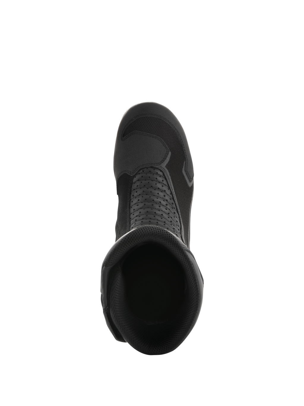 Botas Alpinestars Air Plus V2 GORE-TEX, negras, vista superior hacia el interior de la apertura de la bota, mostrando la construcción de malla transpirable, los paneles de cuero perforado y el diseño aerodinámico para touring en moto.