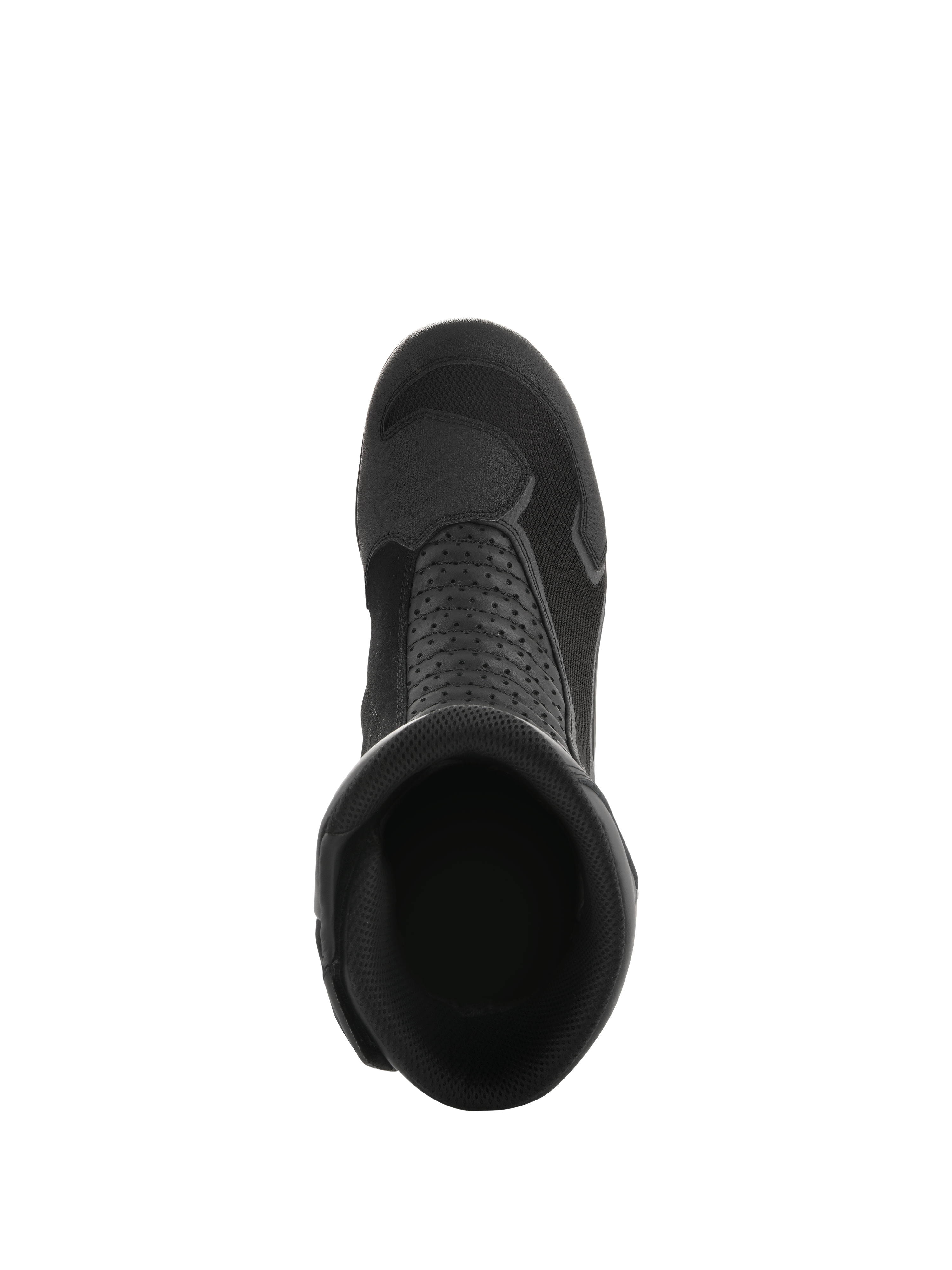 Botas Alpinestars Air Plus V2 GORE-TEX, negras, vista superior hacia el interior de la apertura de la bota, mostrando la construcción de malla transpirable, los paneles de cuero perforado y el diseño aerodinámico para touring en moto.