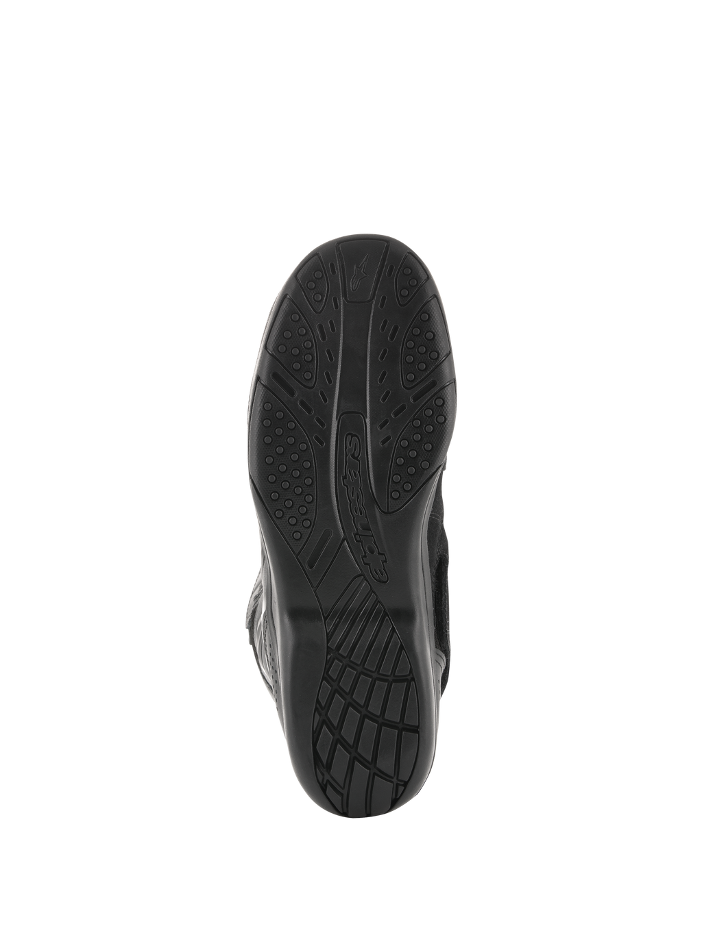 Botas Alpinestars Air Plus V2 GORE-TEX, botas de moto touring, negras, vista de la suela que muestra el patrón de dibujo de goma de compuesto exclusivo para agarre y comodidad, incluye el logotipo de Alpinestars