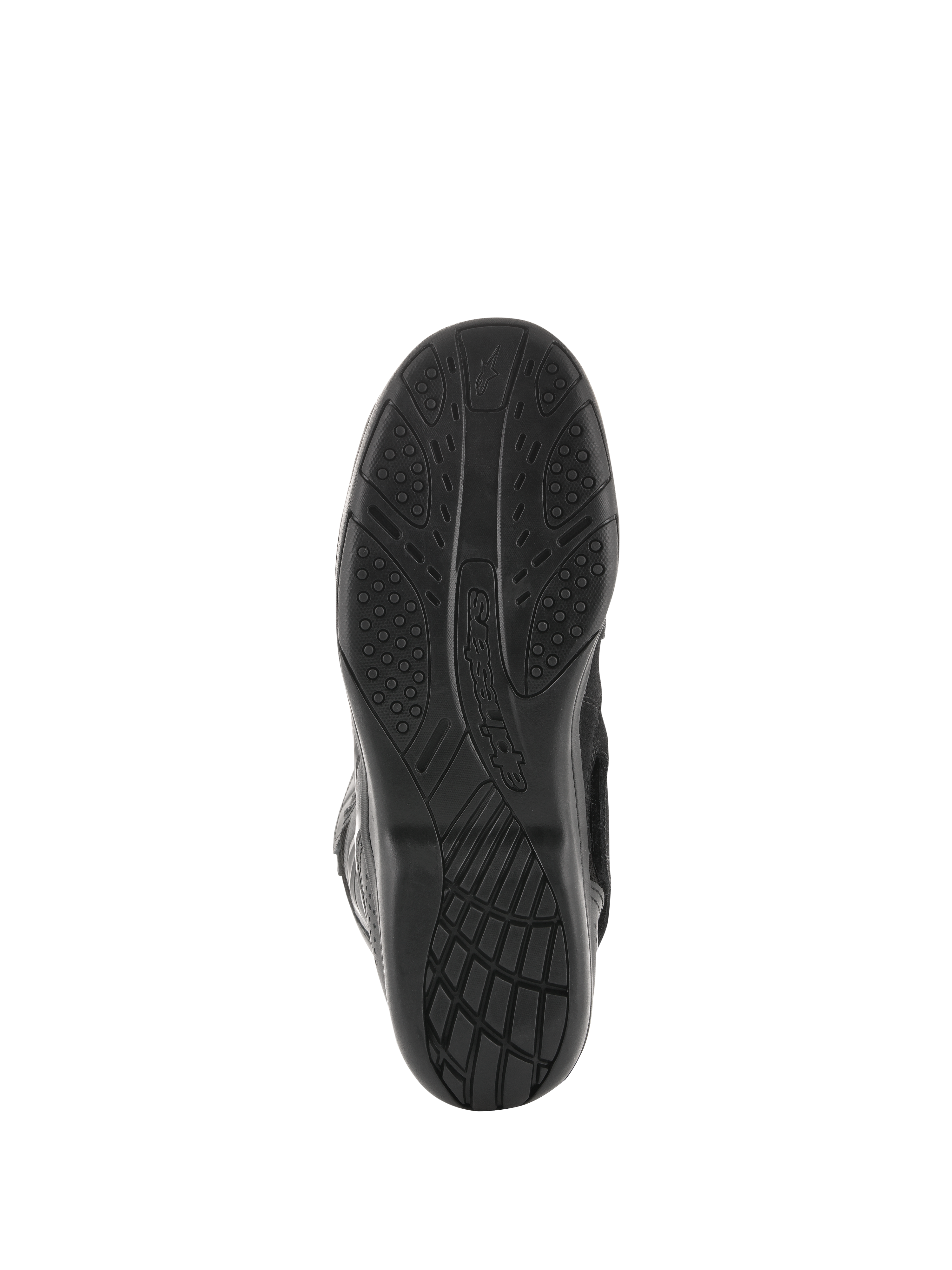 Botas Alpinestars Air Plus V2 GORE-TEX, botas de moto touring, negras, vista de la suela que muestra el patrón de dibujo de goma de compuesto exclusivo para agarre y comodidad, incluye el logotipo de Alpinestars