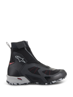 Alpinestars CR-8 GORE-TEX Shoes, Waterproof Motorcycle Riding Boots, Black and Mid Gray with Bright Red accents, high-top design with an angled front zipper, seamless textile construction, and a rugged gray and white marbled sole.