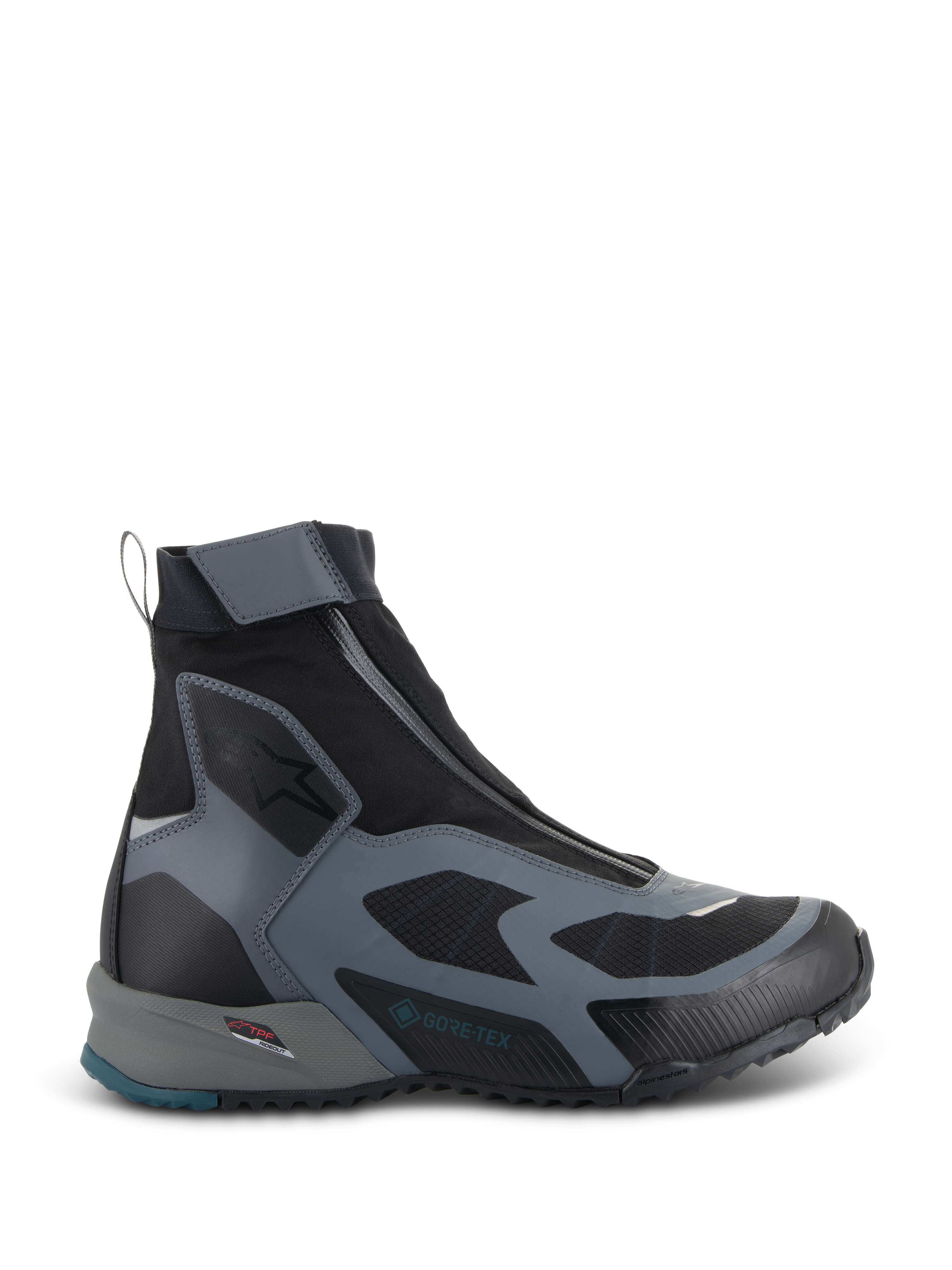 Alpinestars CR-8 GORE-TEX Shoes, Black and Dark Gray motorcycle boots, waterproof high-top design with angled zipper, breathable textile panels, TPF protection frame, rugged sole with petrol blue heel accent