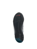 Alpinestars CR-8 GORE-TEX Shoes, Sole View, Black and Dark Gray rubber outsole with textured wavy tread, red TPF branding, Petrol Blue heel with Alpinestars logo, durable design for motorcycle riding