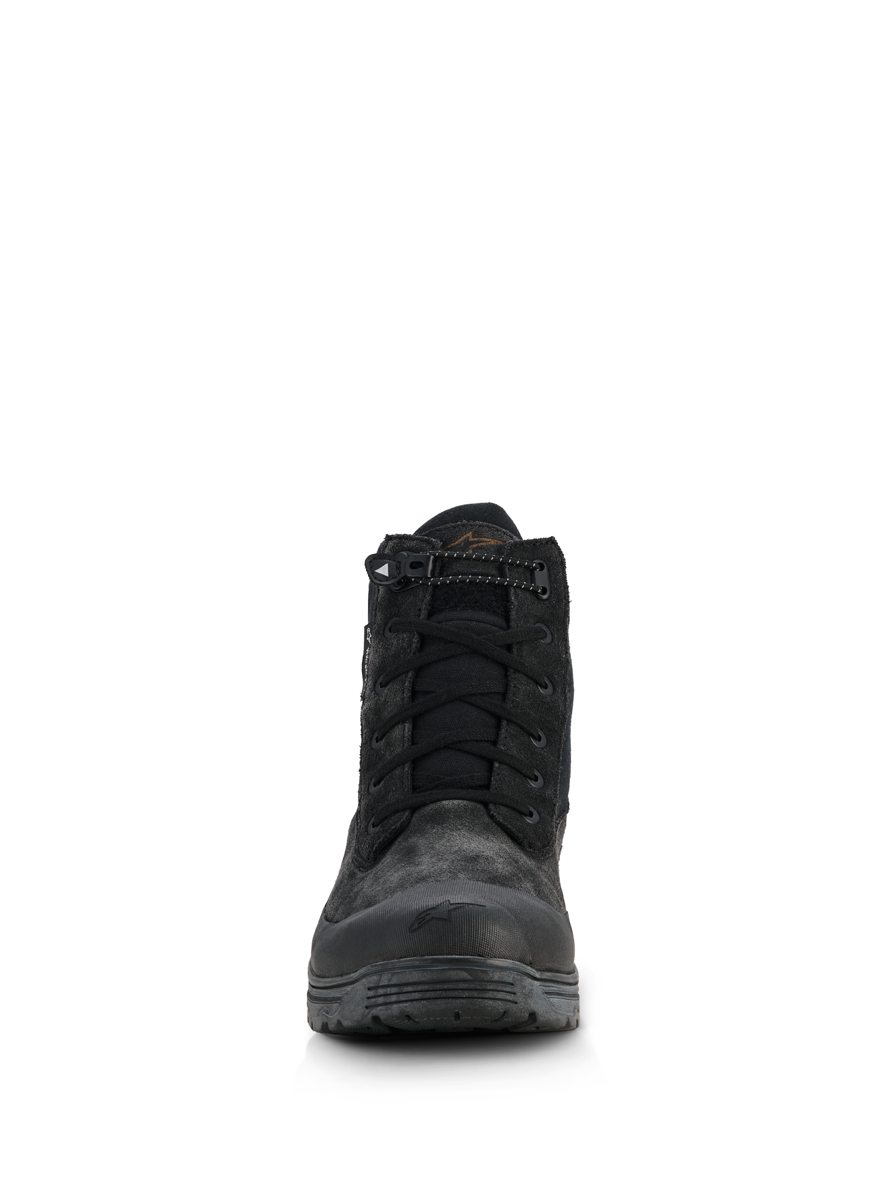 Alpinestars Woman Judy Waterproof Boots, Women's Motorcycle Riding Boots, Black, front view featuring a combat-style design, lace-up closure with an elasticated drawstring at the collar, matte finish with rubber toe reinforcement and elevated sole