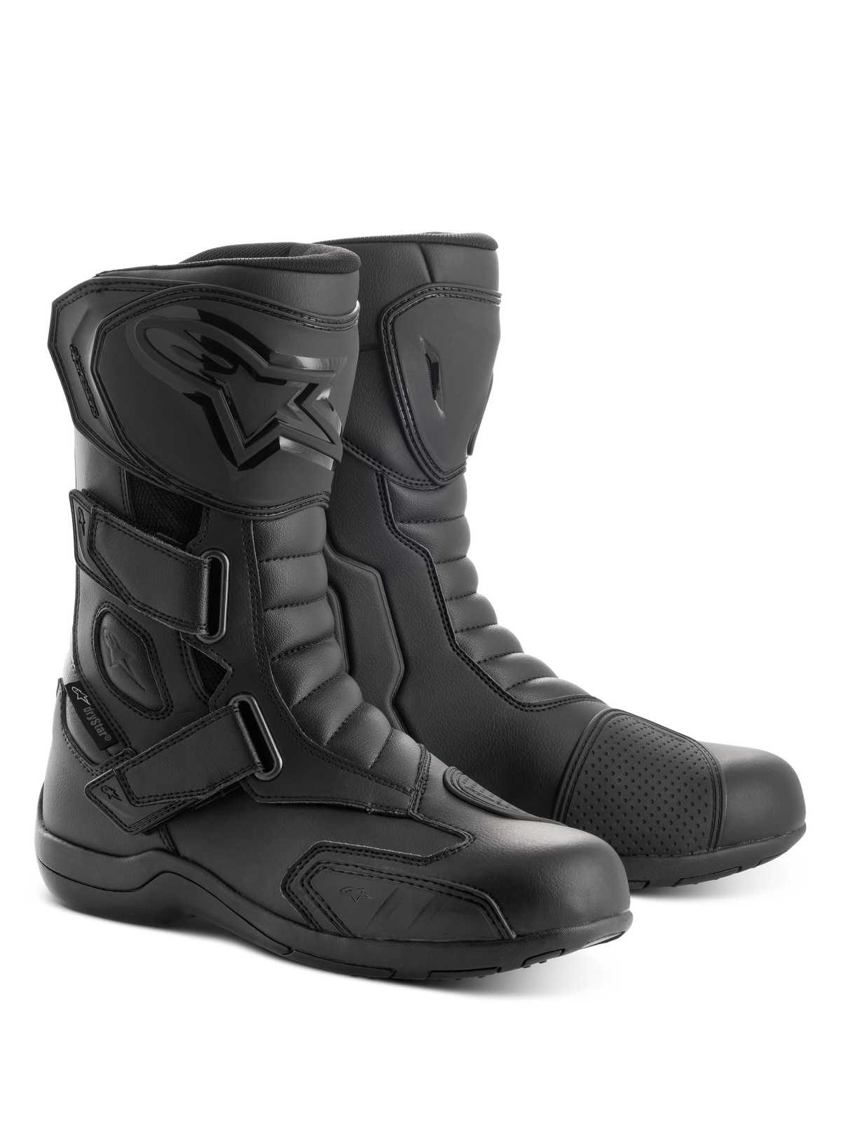 Botas Alpinestars Radon Drystar®, botas de touring para motocicleta, negras, con tres correas de velcro ajustables, placa de espinilla de TPU con logotipo en relieve y almohadilla de cambio reforzada, construcción de microfibra duradera para conducción en carretera y aventura