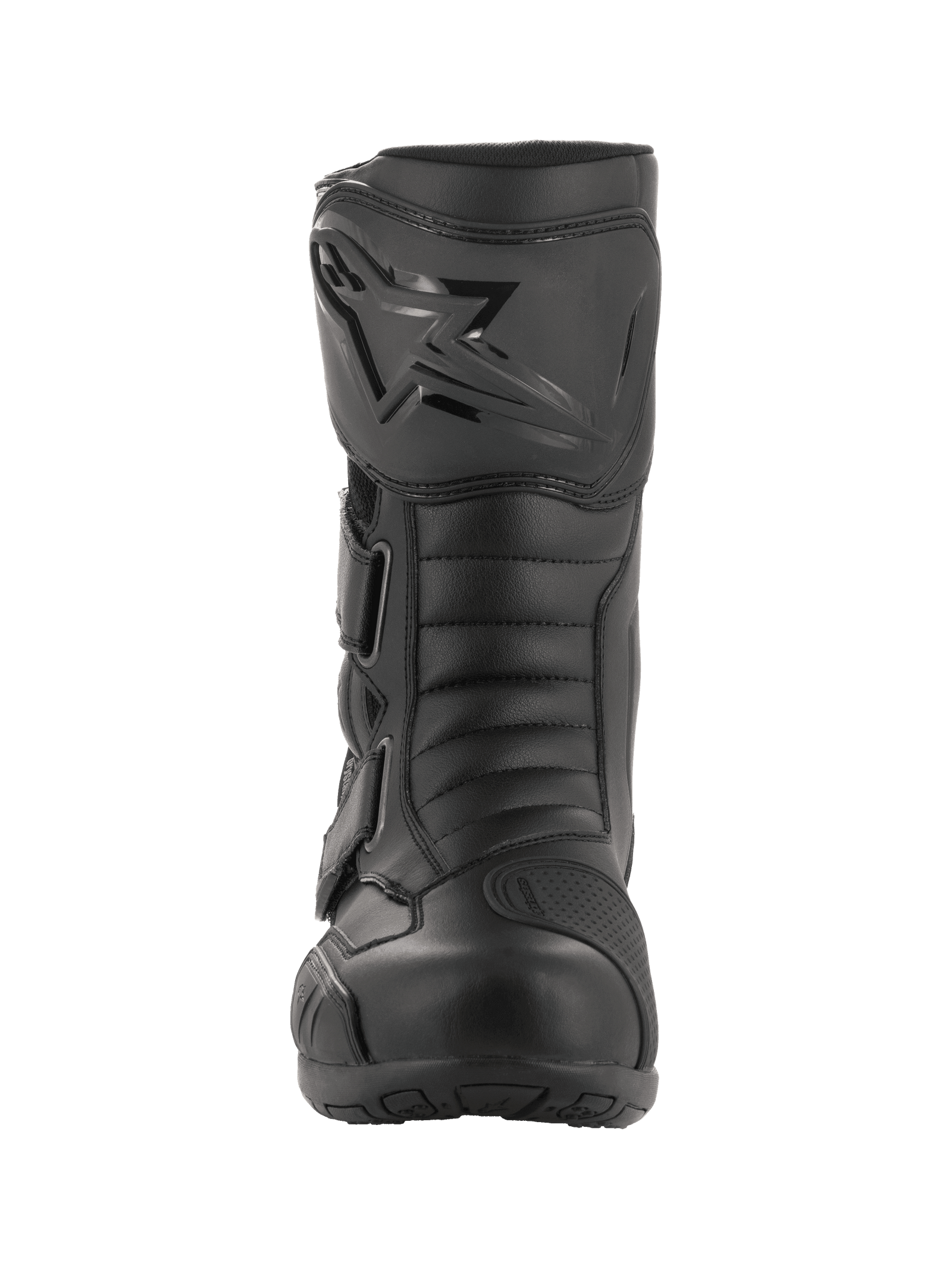 A pair of black Radon Drystar® Boots from Alpinestars EU with a sleek design, featuring reinforced ankles, shin plates, and adjustable straps. The boots boast a combination of smooth and textured leather panels along with a logo emblem on the outer side, providing both style and durable touring protection with 100% waterproofing.