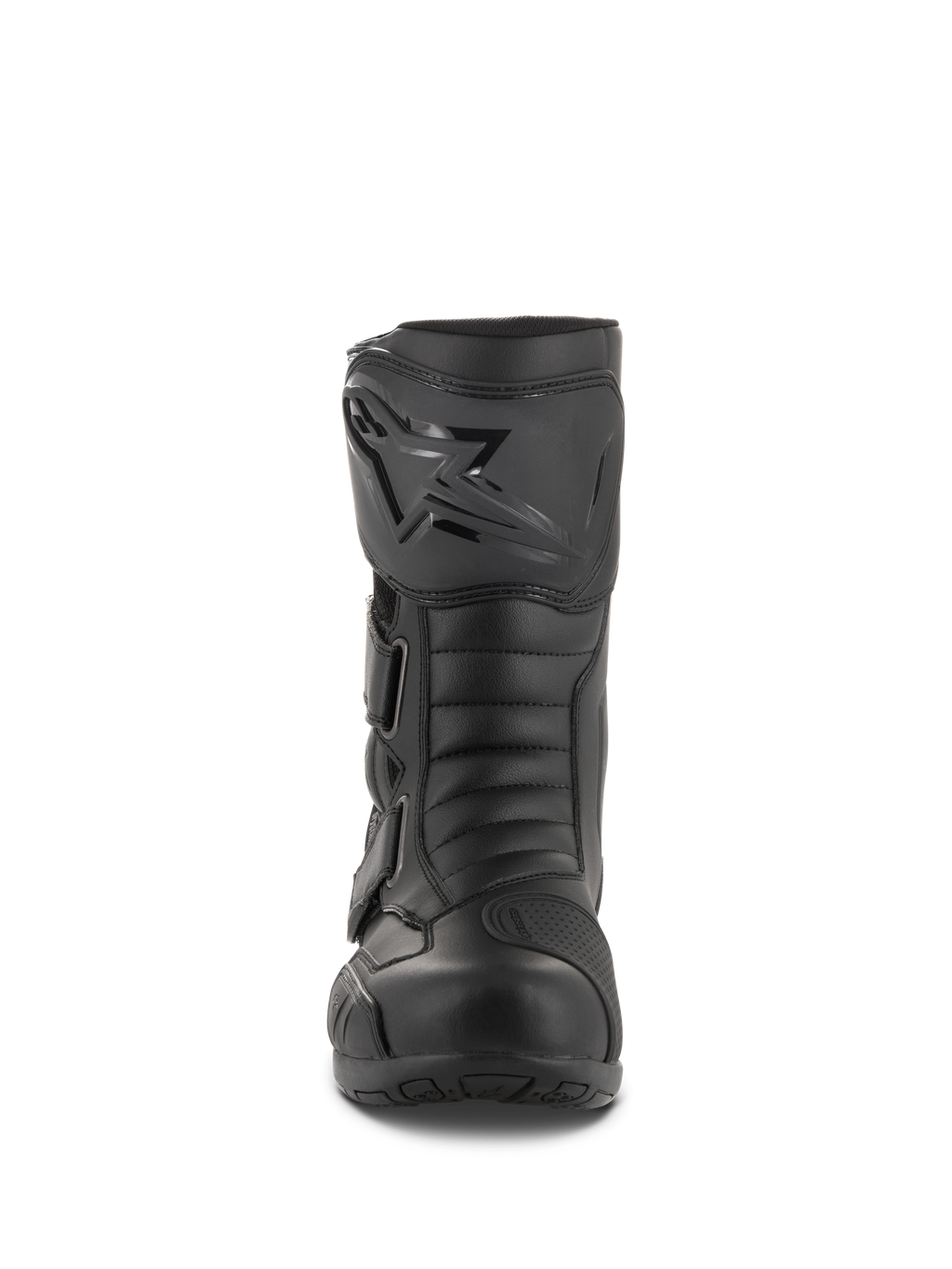 Botas Alpinestars Radon Drystar®, botas de moto de touring impermeables, negro, vista frontal que muestra la placa de espinilla con el logotipo de Alpinestars, correas ajustables y puntera reforzada