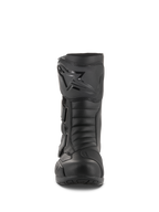 Botas Alpinestars Radon Drystar®, botas de moto de touring impermeables, negro, vista frontal que muestra la placa de espinilla con el logotipo de Alpinestars, correas ajustables y puntera reforzada