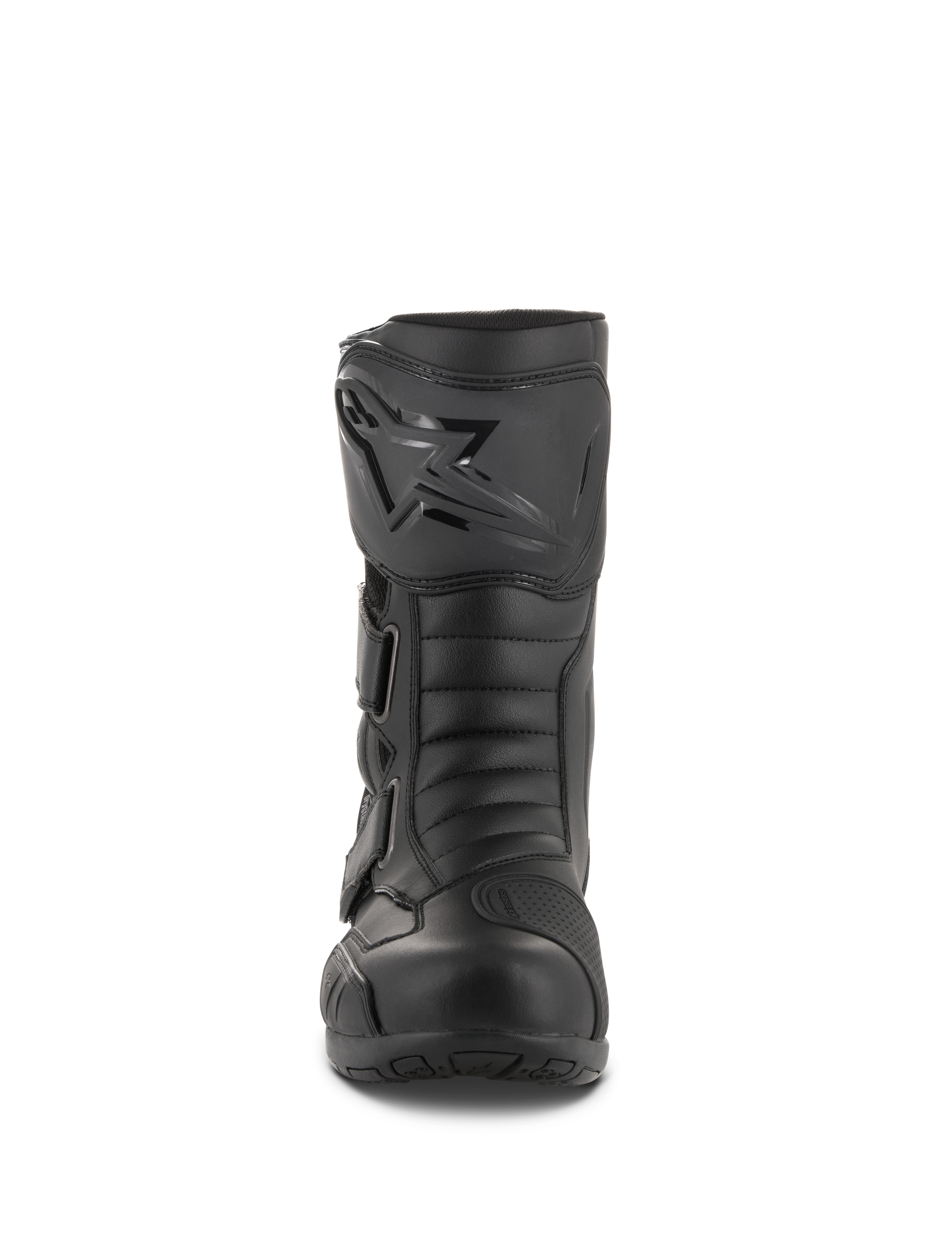 Botas Alpinestars Radon Drystar®, botas de moto de touring impermeables, negro, vista frontal que muestra la placa de espinilla con el logotipo de Alpinestars, correas ajustables y puntera reforzada