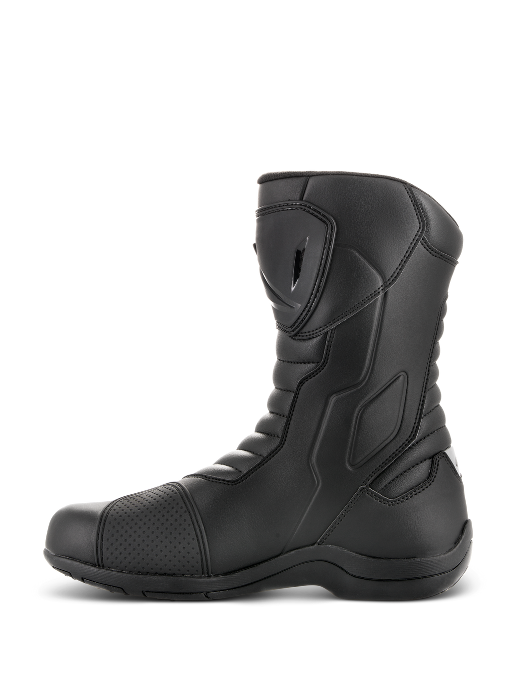 Botas Alpinestars Radon Drystar®, botas de touring para motocicleta, color negro, vista de perfil lateral con placa de espinilla de TPU y protector de cambio, zonas flexibles en acordeón, construcción de microfibra duradera para conducción de aventura