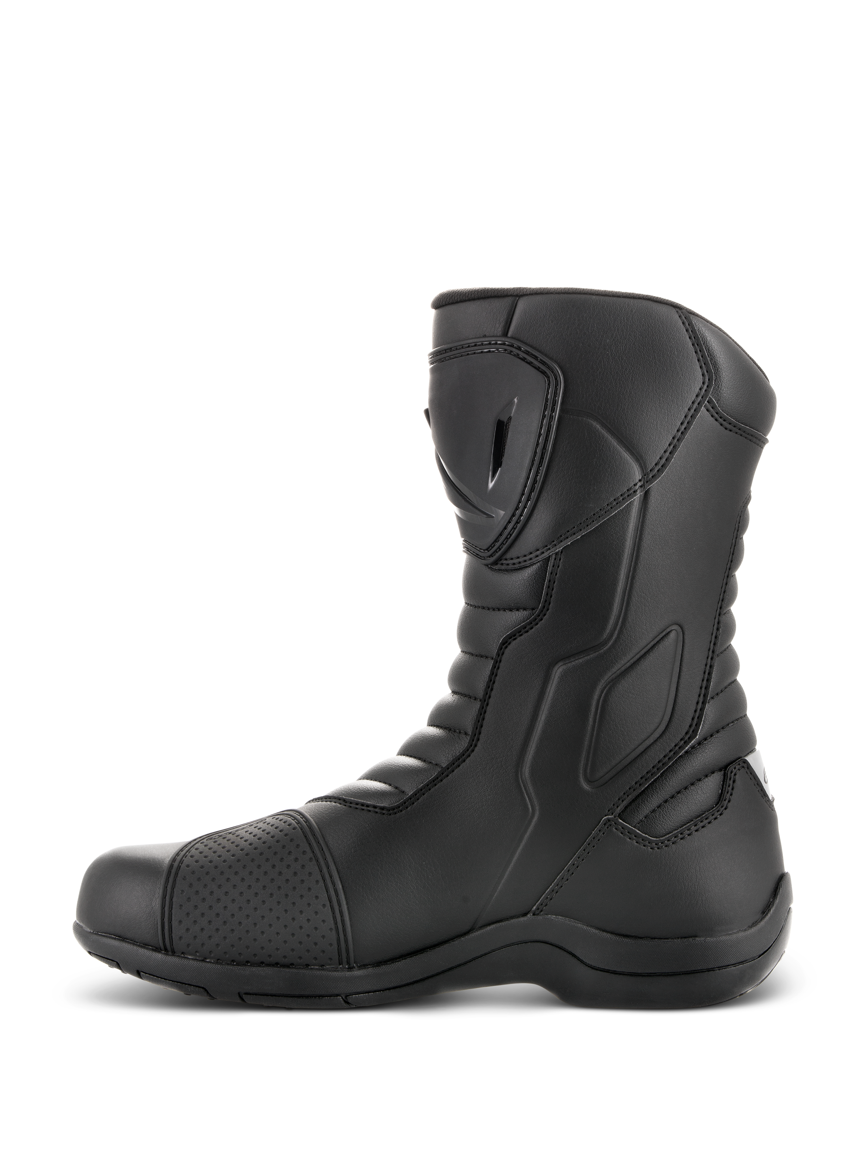 Botas Alpinestars Radon Drystar®, botas de touring para motocicleta, color negro, vista de perfil lateral con placa de espinilla de TPU y protector de cambio, zonas flexibles en acordeón, construcción de microfibra duradera para conducción de aventura