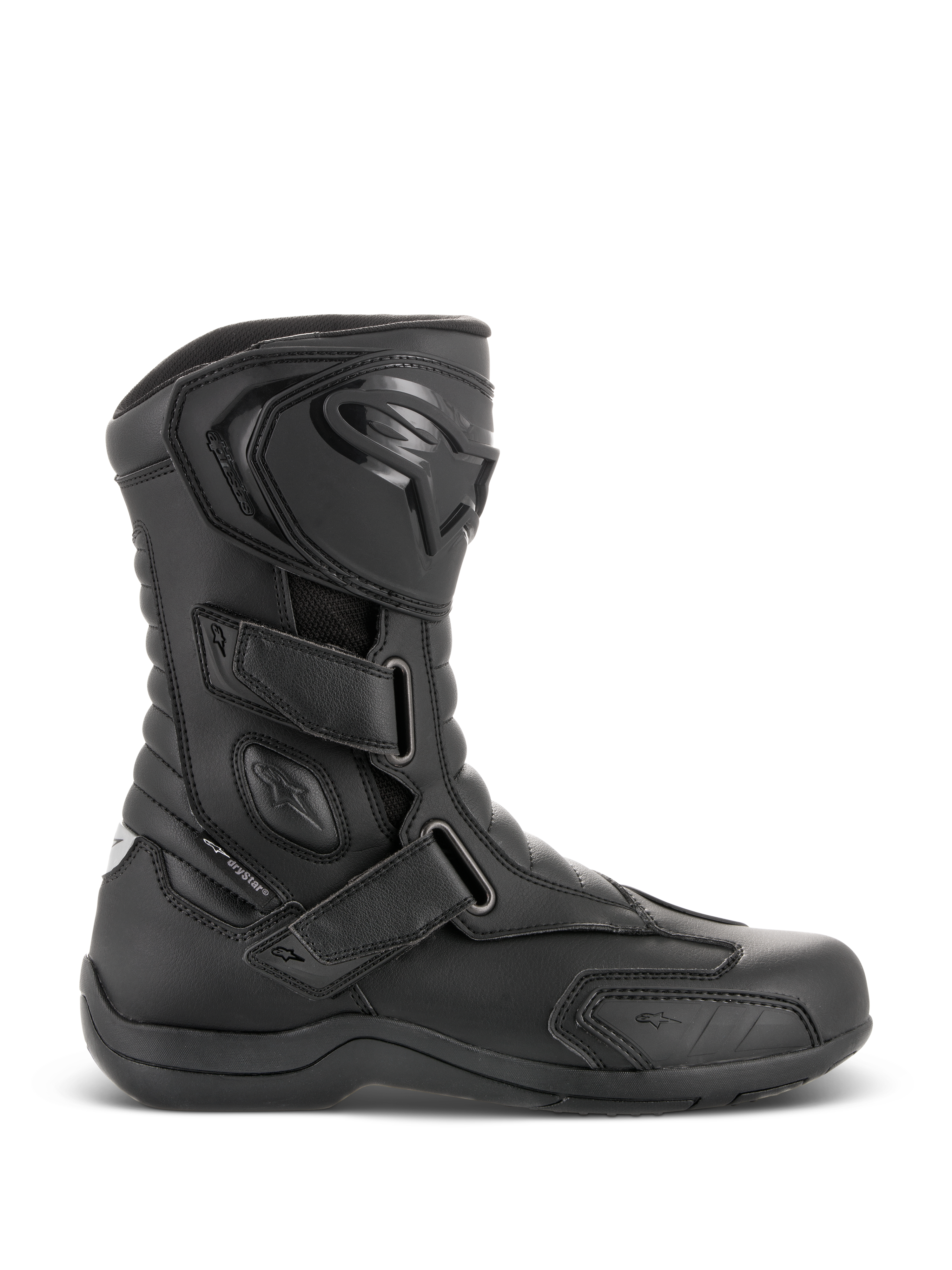 Alpinestars Radon Drystar® Boots, Black Waterproof Motorcycle Touring Boots, side profile view featuring three adjustable hook-and-loop straps, protective TPU shin plate with Alpinestars logo, reinforced ankle protection, and durable vulcanized sole.
