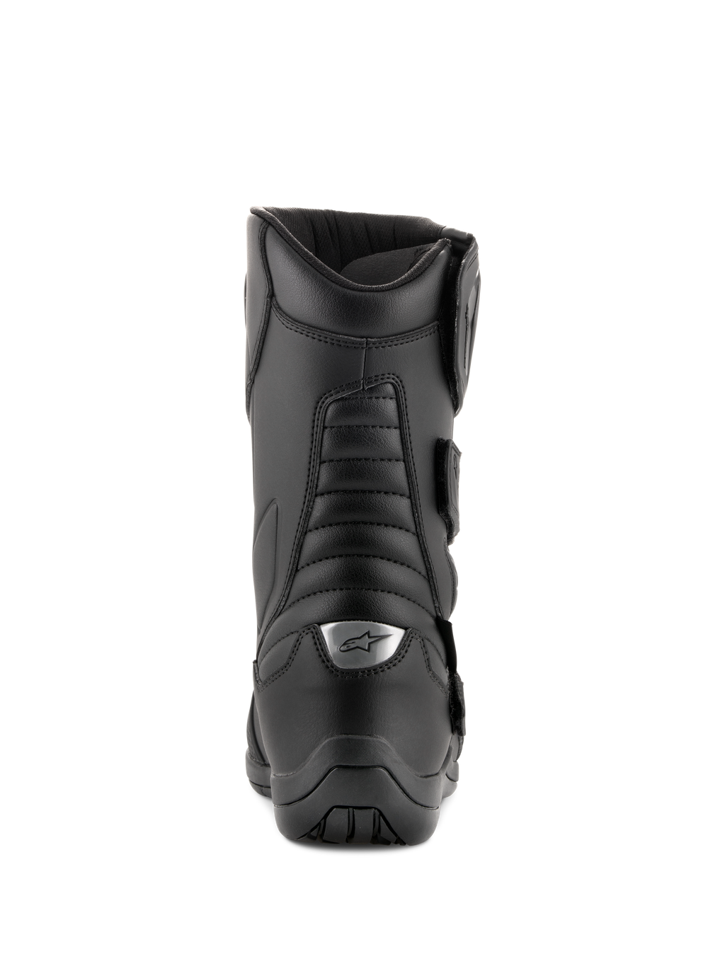 Botas Alpinestars Radon Drystar®, negras, botas de touring para moto, vista trasera con zonas flexibles de acordeón y logotipo plateado en el talón, construcción duradera en microfibra