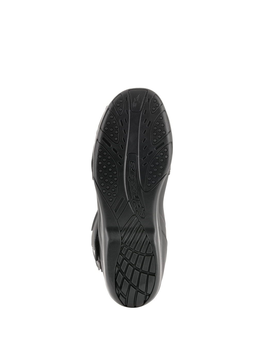 Botas Alpinestars Radon Drystar®, botas de moto touring, vista inferior de la suela de compuesto vulcanizado negro con patrones de agarre texturizados y logotipo de Alpinestars.