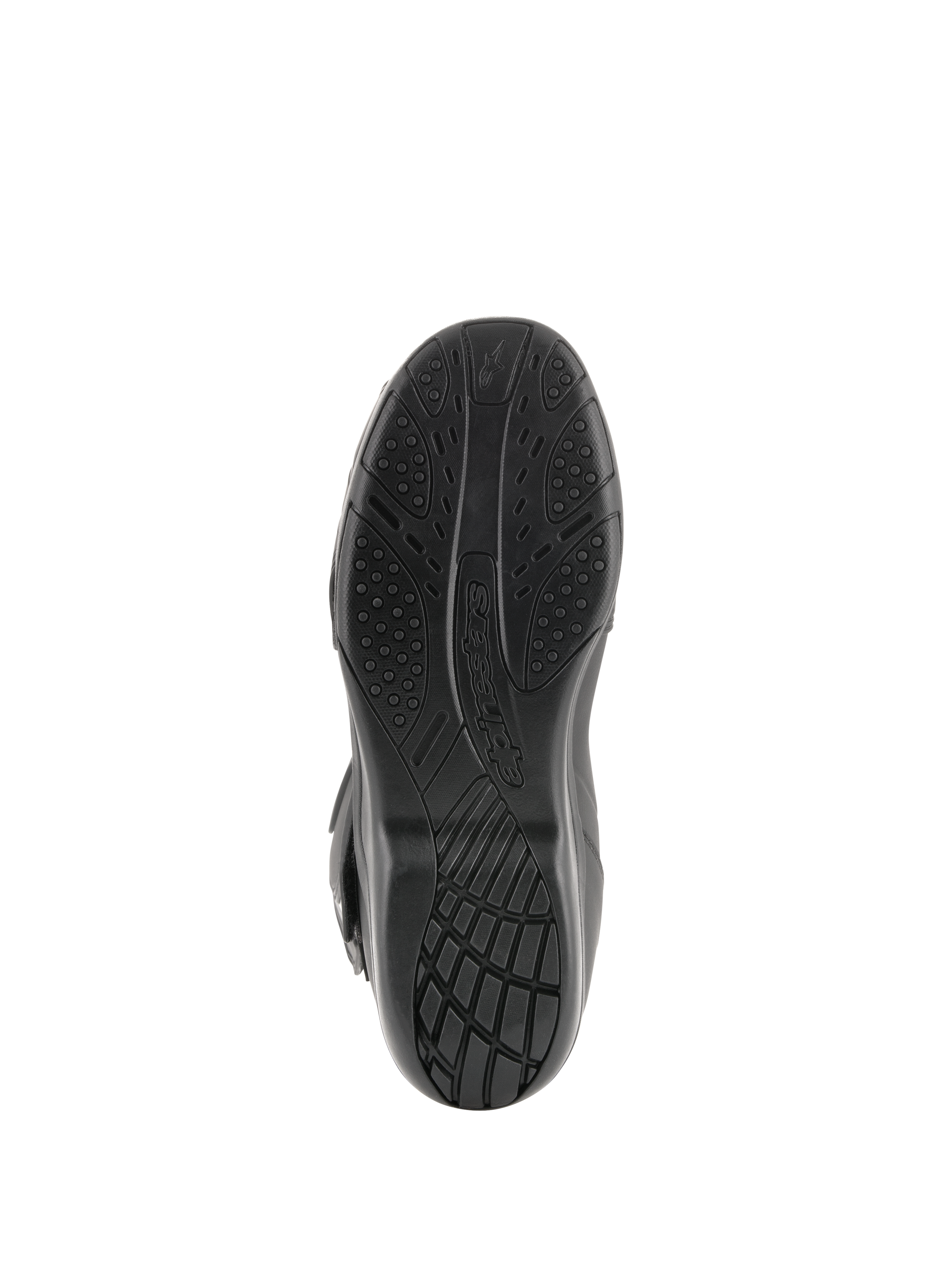 Botas Alpinestars Radon Drystar®, botas de moto touring, vista inferior de la suela de compuesto vulcanizado negro con patrones de agarre texturizados y logotipo de Alpinestars.