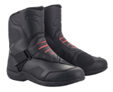 Alpinestars Ridge V2 Waterproof Boots, Black, motorcycle touring boots featuring durable microfiber construction with red accents, Velcro strap closure, embossed Alpinestars logo, and a waterproof membrane for all-weather riding.