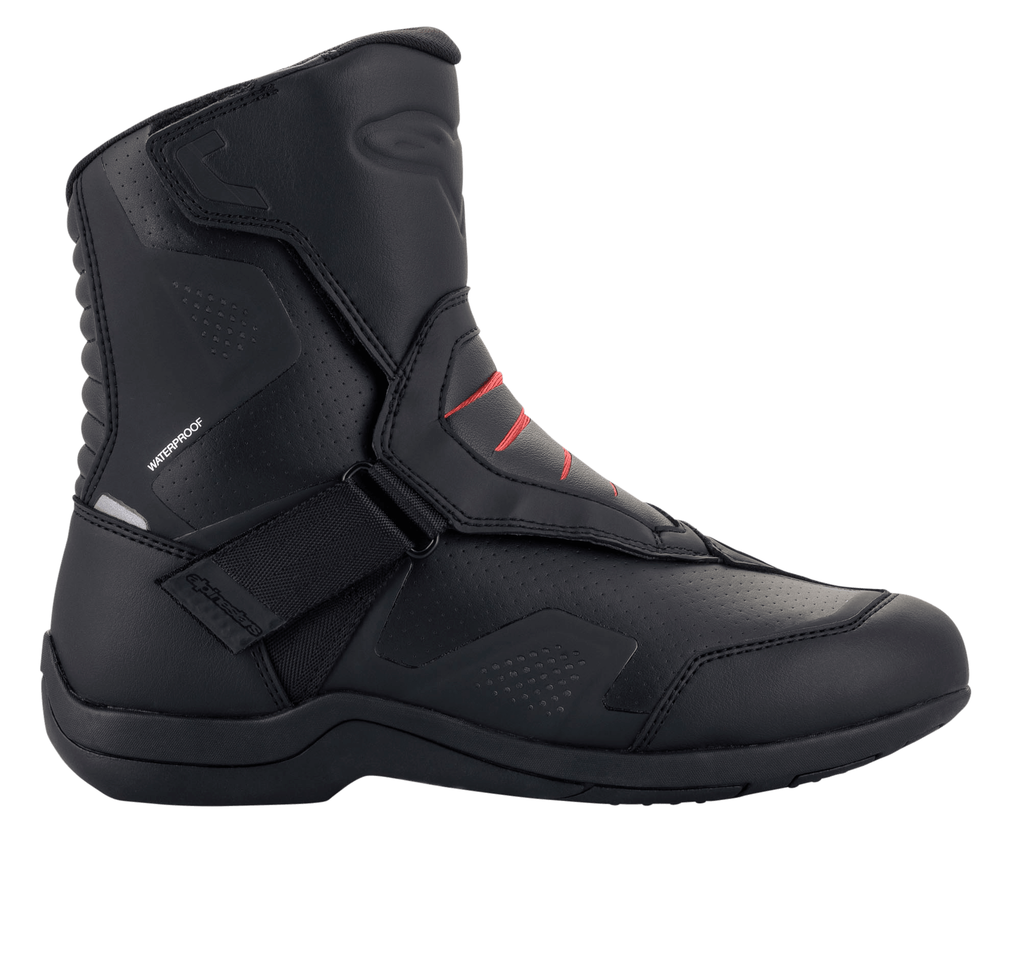 Alpinestars Ridge V2 Waterproof Boot, bota de moto para touring, negra con detalles rojos, altura de media caña, cierre con correa de velcro, paneles de ventilación perforados, talón y puntera reforzados, construcción de cuero sintético