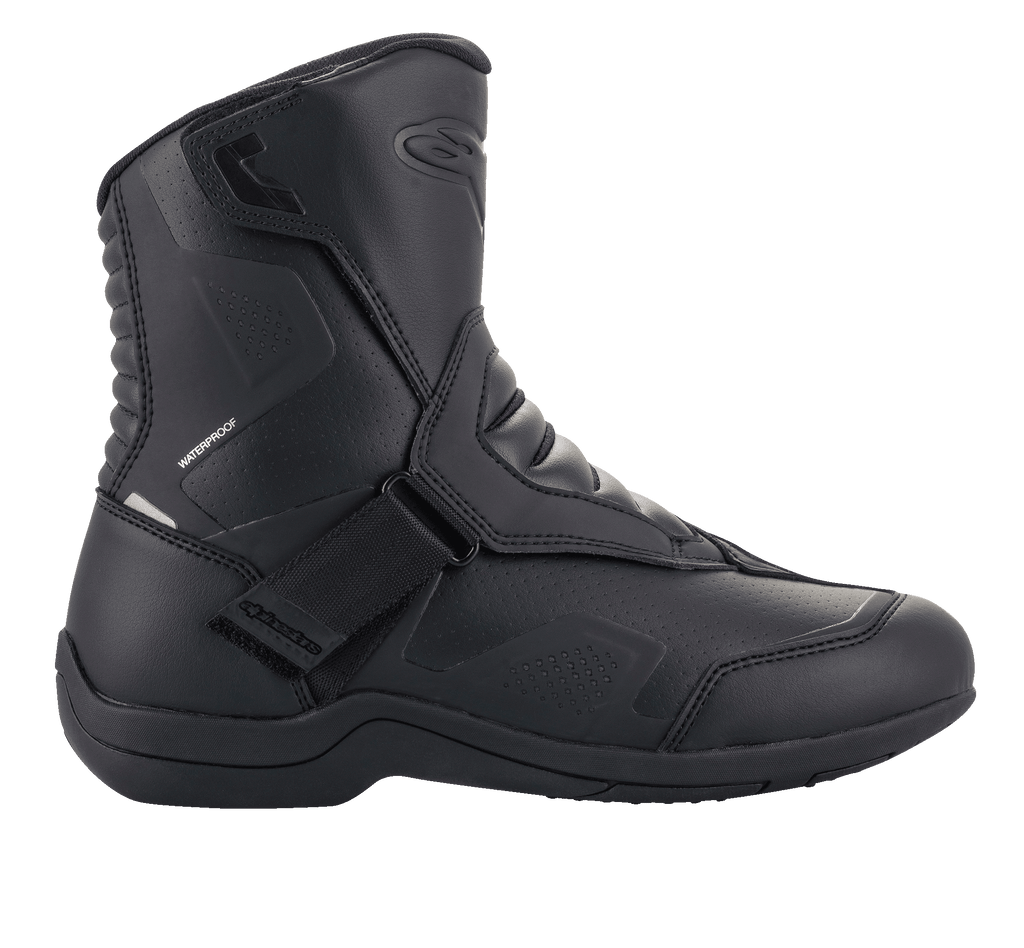 Alpinestars Ridge V2 Waterproof Boot, bota de moto Tech Touring en negro, construcción de microfibra duradera con paneles perforados, cierre de correa de Velcro ancha, zonas flexibles de acordeón en el tobillo, diseño impermeable para carretera en todo tipo de clima