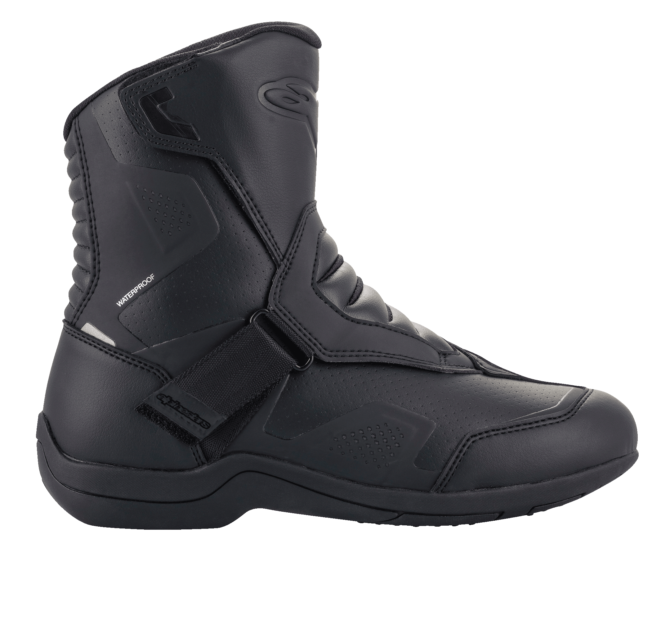 Alpinestars Ridge V2 Waterproof Boot, bota de moto Tech Touring en negro, construcción de microfibra duradera con paneles perforados, cierre de correa de Velcro ancha, zonas flexibles de acordeón en el tobillo, diseño impermeable para carretera en todo tipo de clima