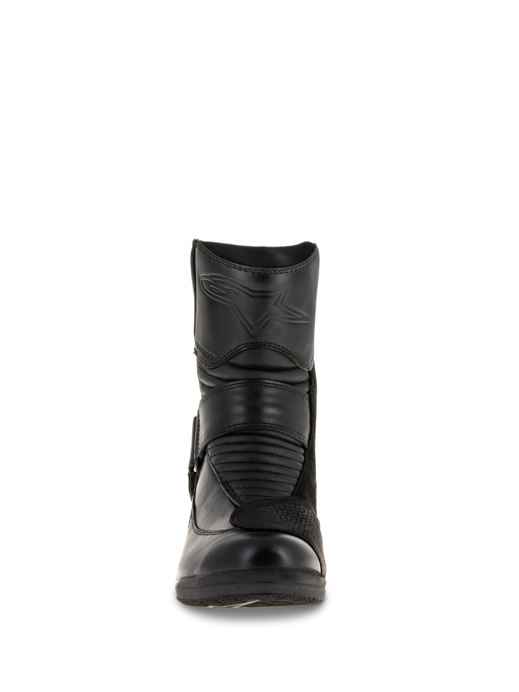 Botas impermeables Alpinestars Stella Valencia para mujer, vista frontal, construcción de cuero negro sólido, con zonas de flexión de acordeón frontales y logotipo de estrella en relieve en la espinilla, bota de moto touring de corte bajo