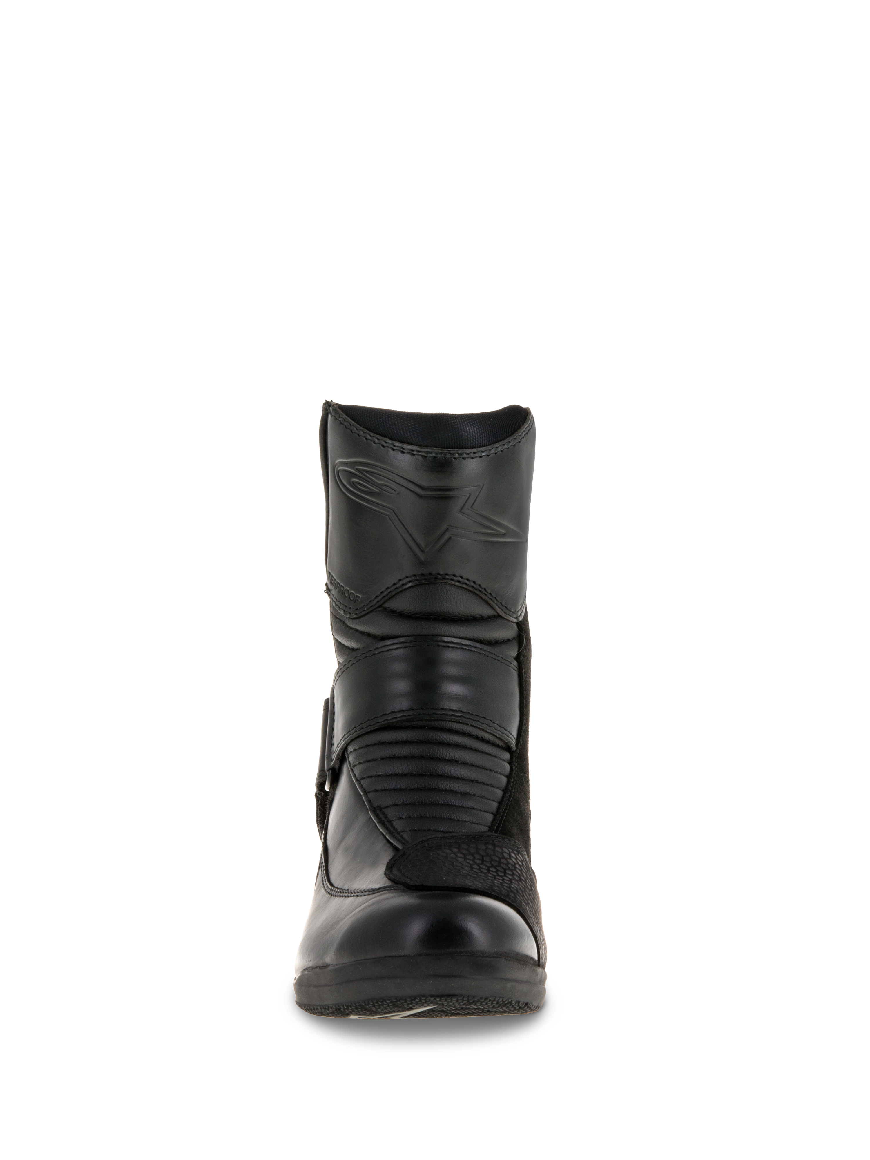 Botas impermeables Alpinestars Stella Valencia para mujer, vista frontal, construcción de cuero negro sólido, con zonas de flexión de acordeón frontales y logotipo de estrella en relieve en la espinilla, bota de moto touring de corte bajo