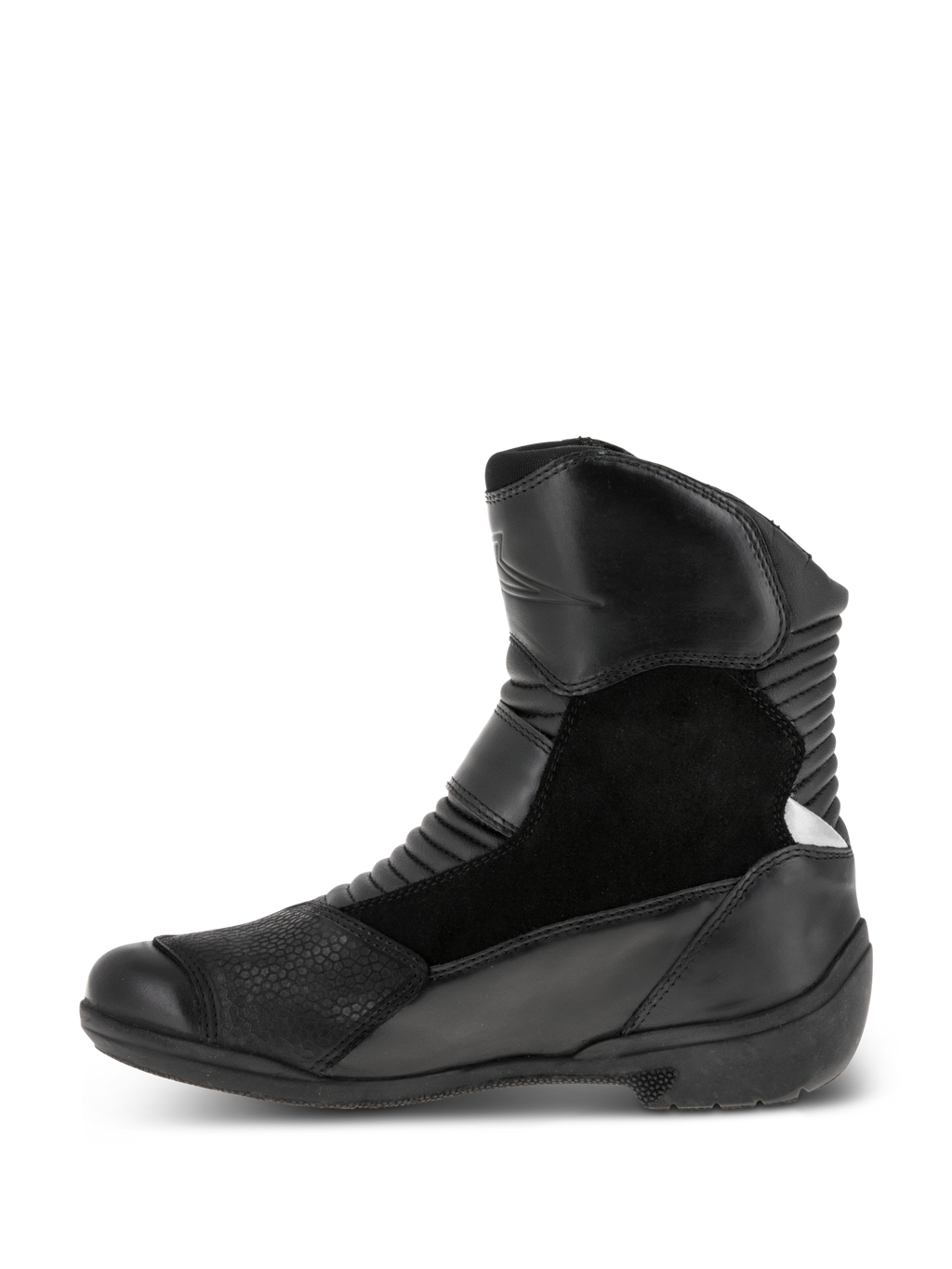 Botas Alpinestars Stella Valencia Waterproof para mujer, negras, vista lateral, diseño multipanel con cuero y ante, zonas de acordeón delanteras y traseras, bota de motociclismo touring de corte bajo