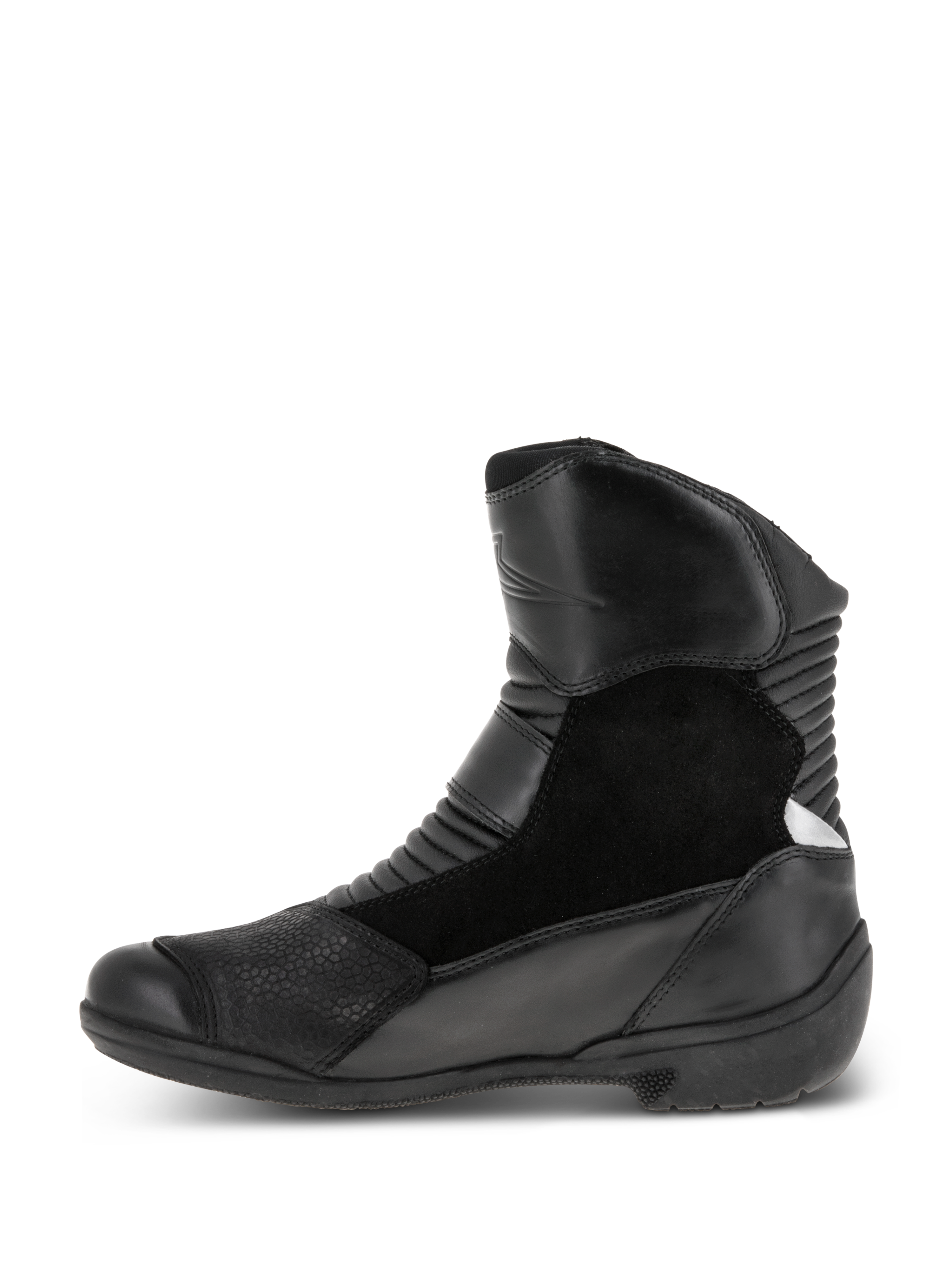 Botas Alpinestars Stella Valencia Waterproof para mujer, negras, vista lateral, diseño multipanel con cuero y ante, zonas de acordeón delanteras y traseras, bota de motociclismo touring de corte bajo