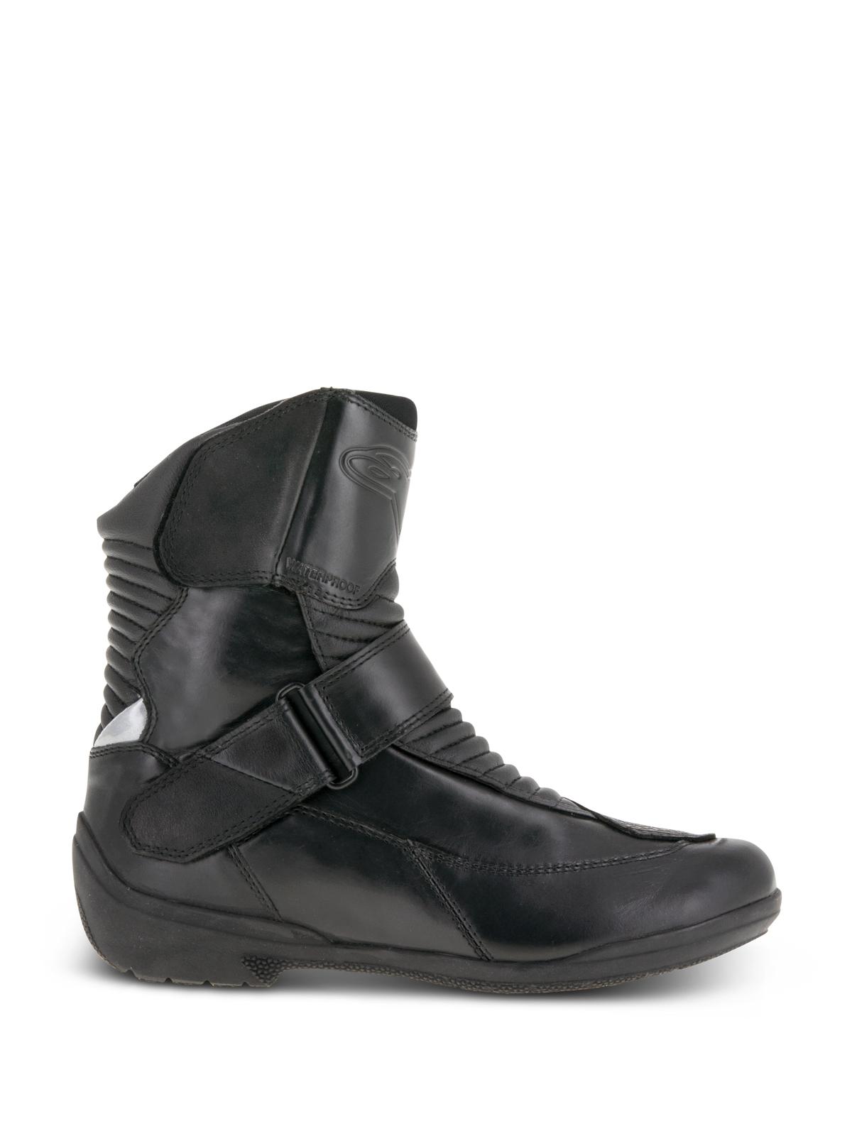 Alpinestars Stella Valencia Waterproof Boots, Women's Motorcycle Touring Boots, Black, side profile view, leather construction with front and rear accordion flex zones, instep buckle strap, and textured rubber sole.