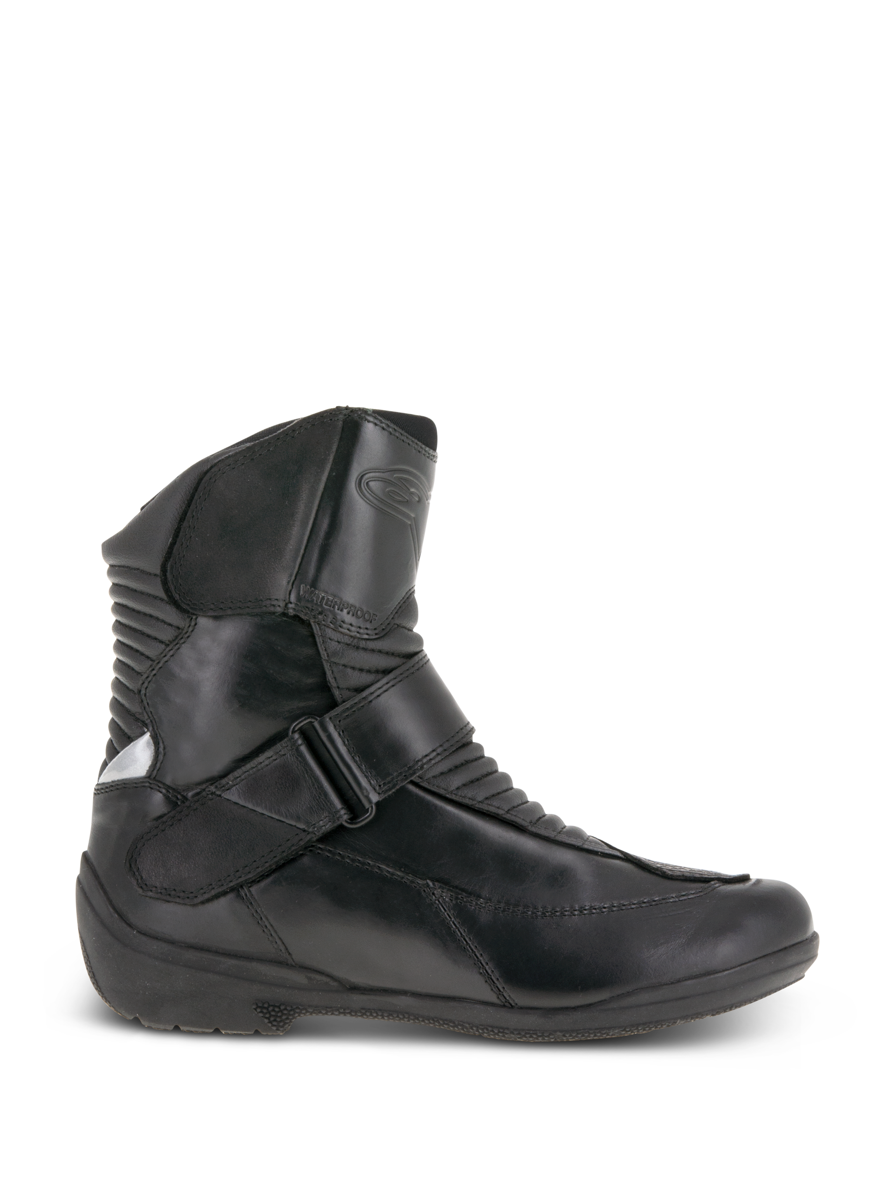 Alpinestars Stella Valencia, botas impermeables de moto para mujer, negras, vista de perfil lateral, construcción en cuero con zonas de flexión tipo acordeón delanteras y traseras, correa con hebilla en el empeine y suela de goma texturizada