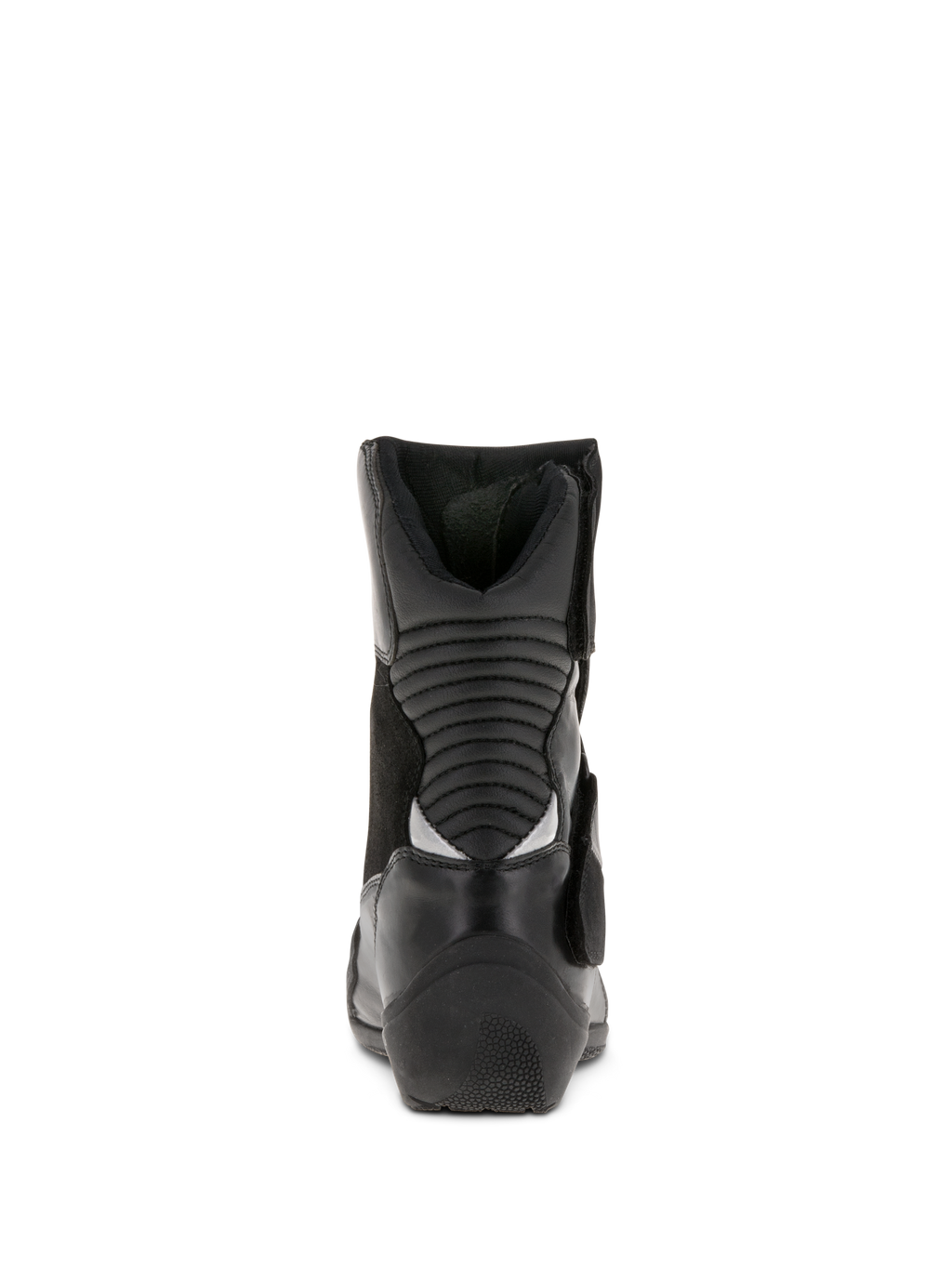 Botas impermeables Alpinestars Stella Valencia para mujer, negras, vista trasera que muestra las zonas de flexión en acordeón, botas de touring de corte bajo de cuero y ante con talón texturizado