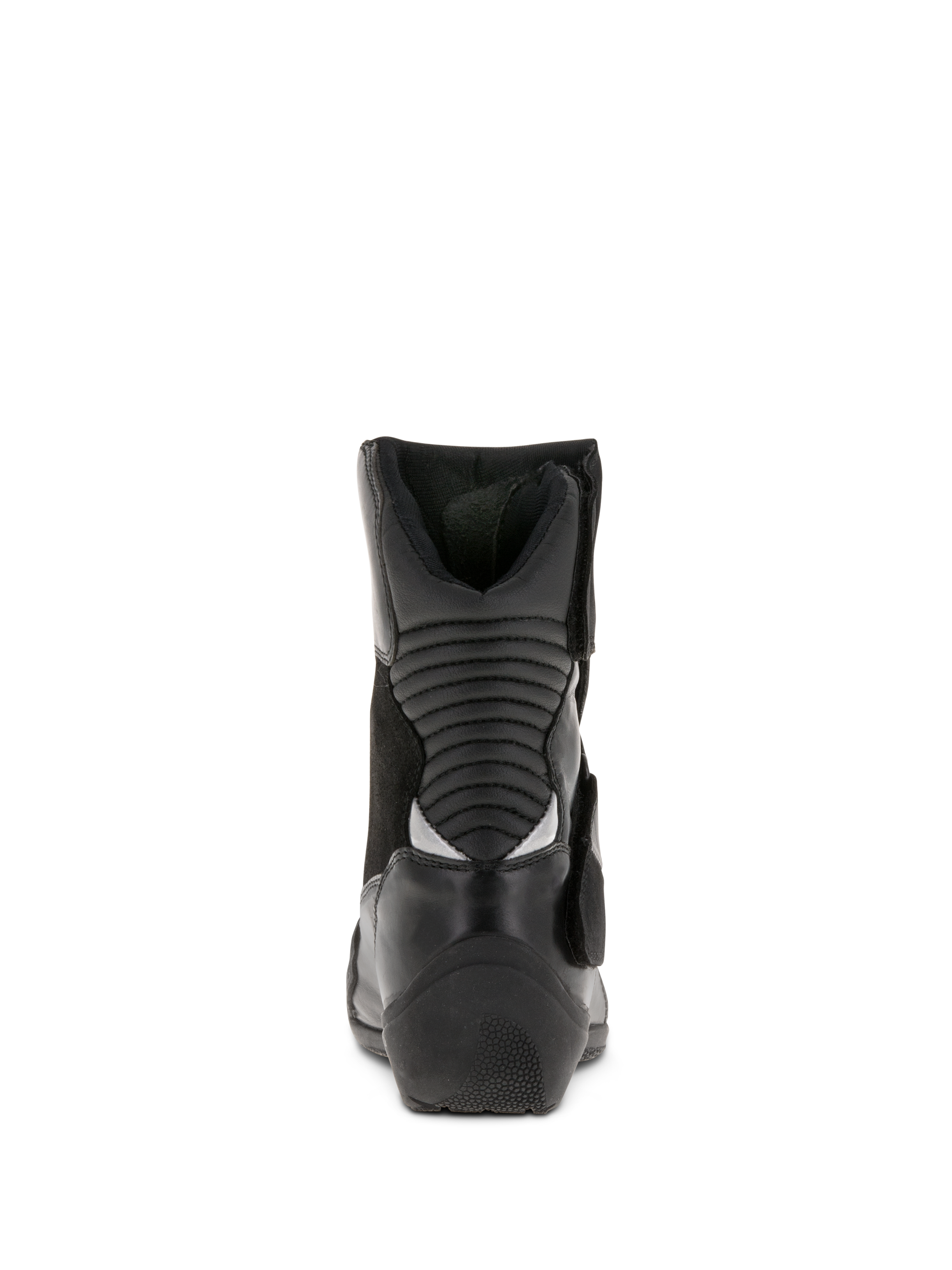 Botas impermeables Alpinestars Stella Valencia para mujer, negras, vista trasera que muestra las zonas de flexión en acordeón, botas de touring de corte bajo de cuero y ante con talón texturizado