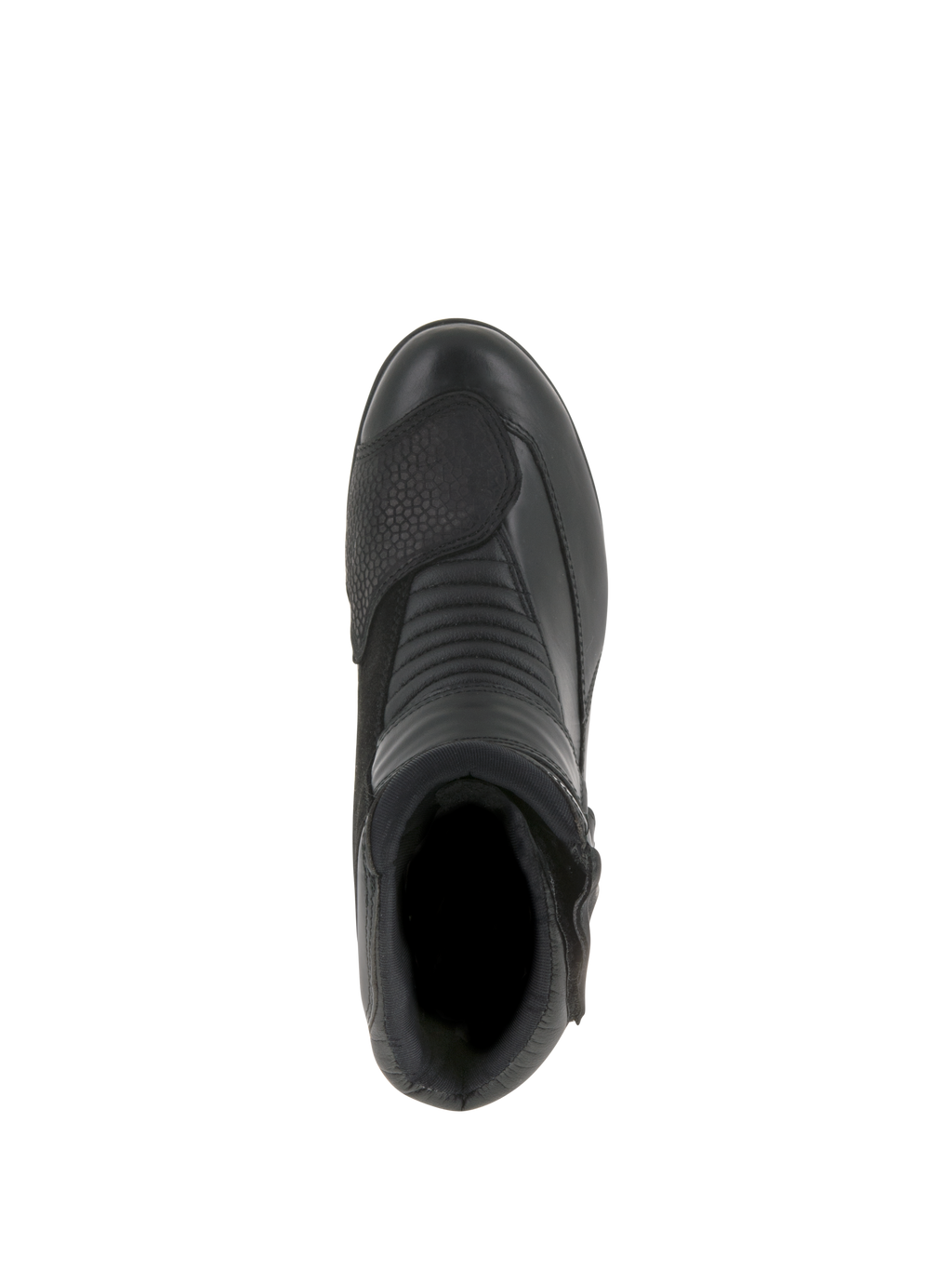 Alpinestars Stella Valencia Waterproof para mujer, botas de moto, negras, vista superior que resalta las zonas de flexión en acordeón y el protector de cambio texturizado, diseño de corte bajo en cuero y ante para touring