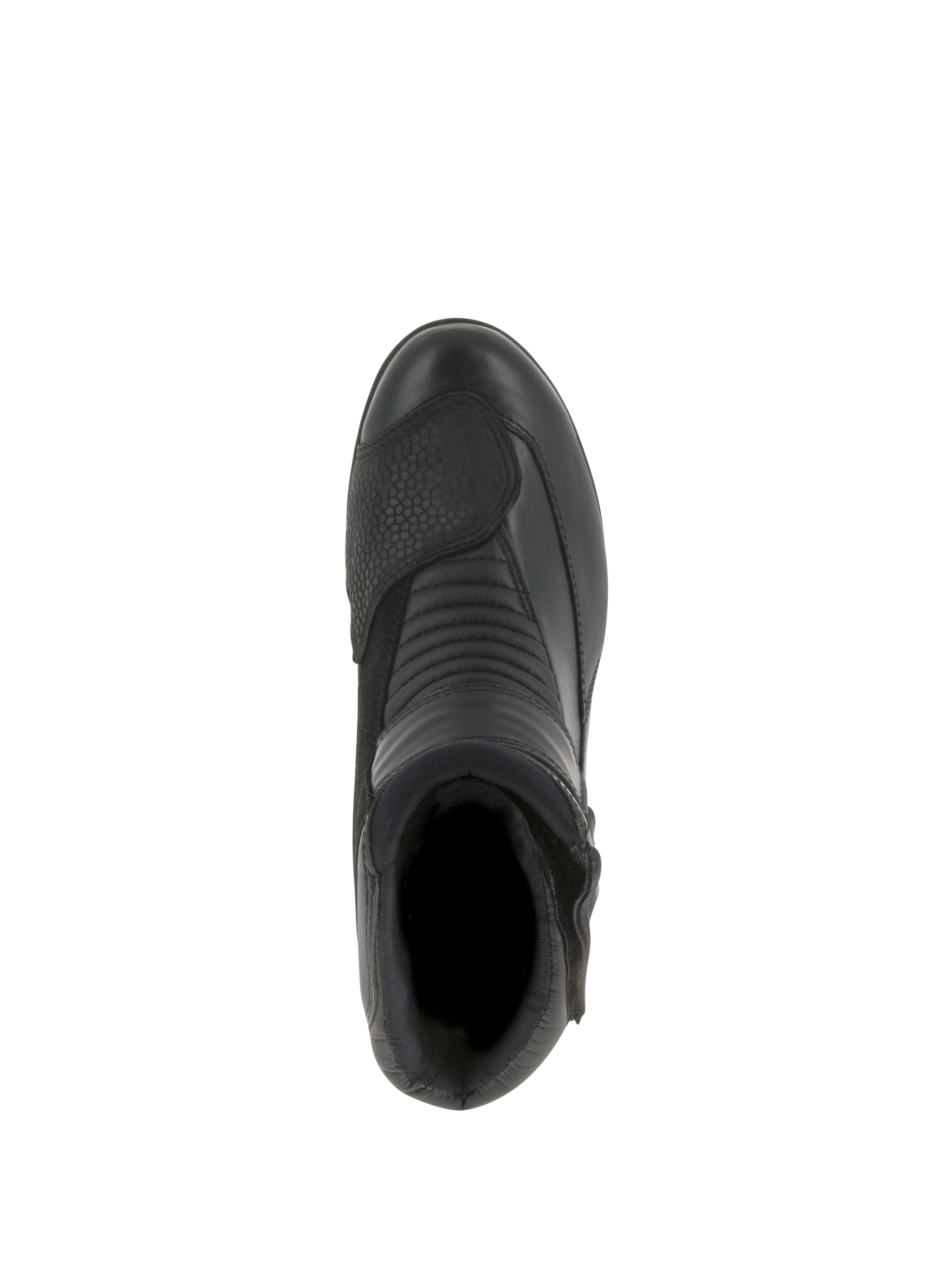 Alpinestars Stella Valencia Waterproof para mujer, botas de moto, negras, vista superior que resalta las zonas de flexión en acordeón y el protector de cambio texturizado, diseño de corte bajo en cuero y ante para touring