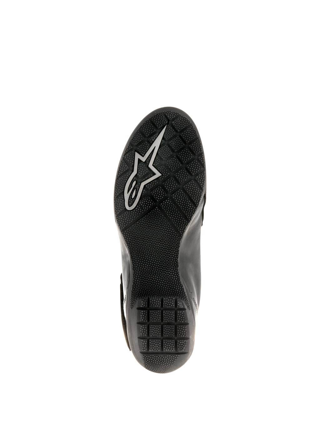 Botas impermeables Alpinestars Stella Valencia para mujer, negro, vista de la suela que muestra la goma texturizada con patrón de agarre antideslizante y el logotipo de Astars en blanco, diseñadas para estabilidad en touring de motocicletas.