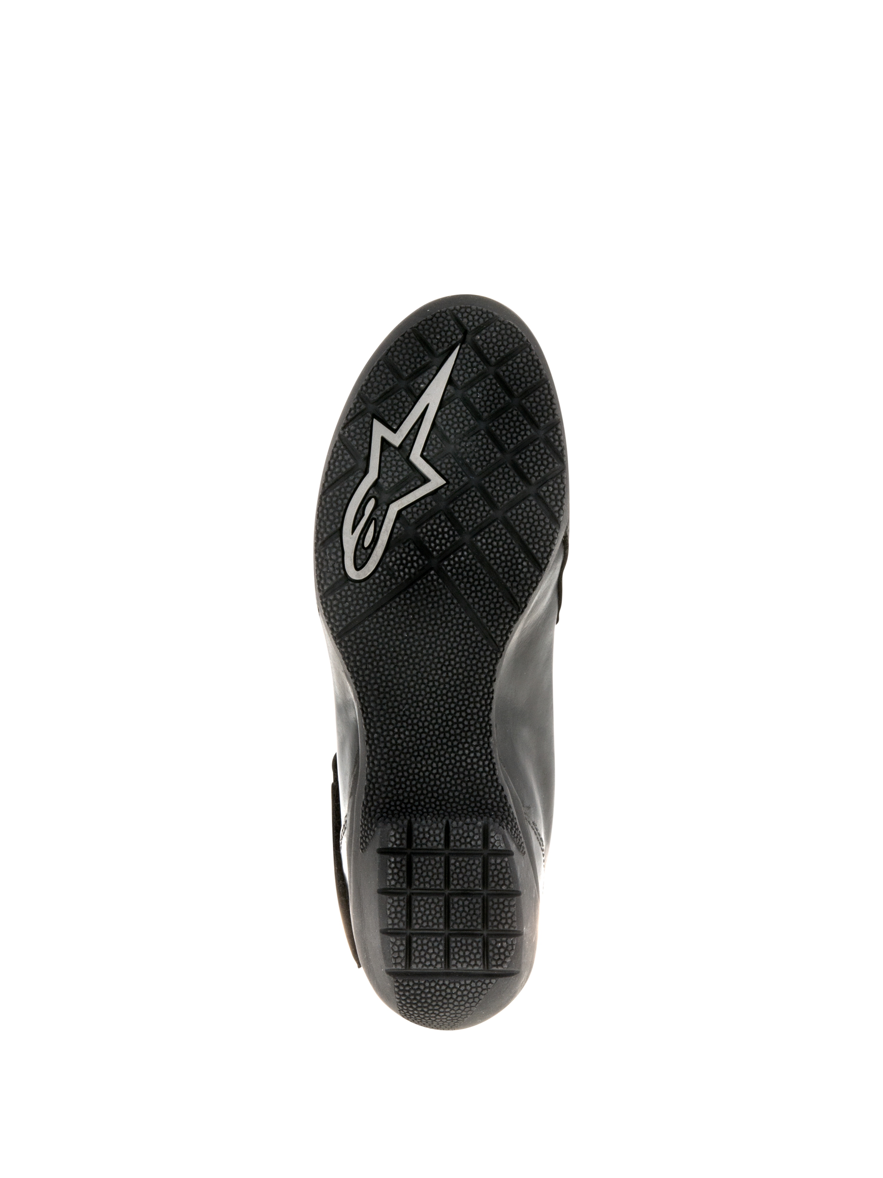 Botas impermeables Alpinestars Stella Valencia para mujer, negro, vista de la suela que muestra la goma texturizada con patrón de agarre antideslizante y el logotipo de Astars en blanco, diseñadas para estabilidad en touring de motocicletas.